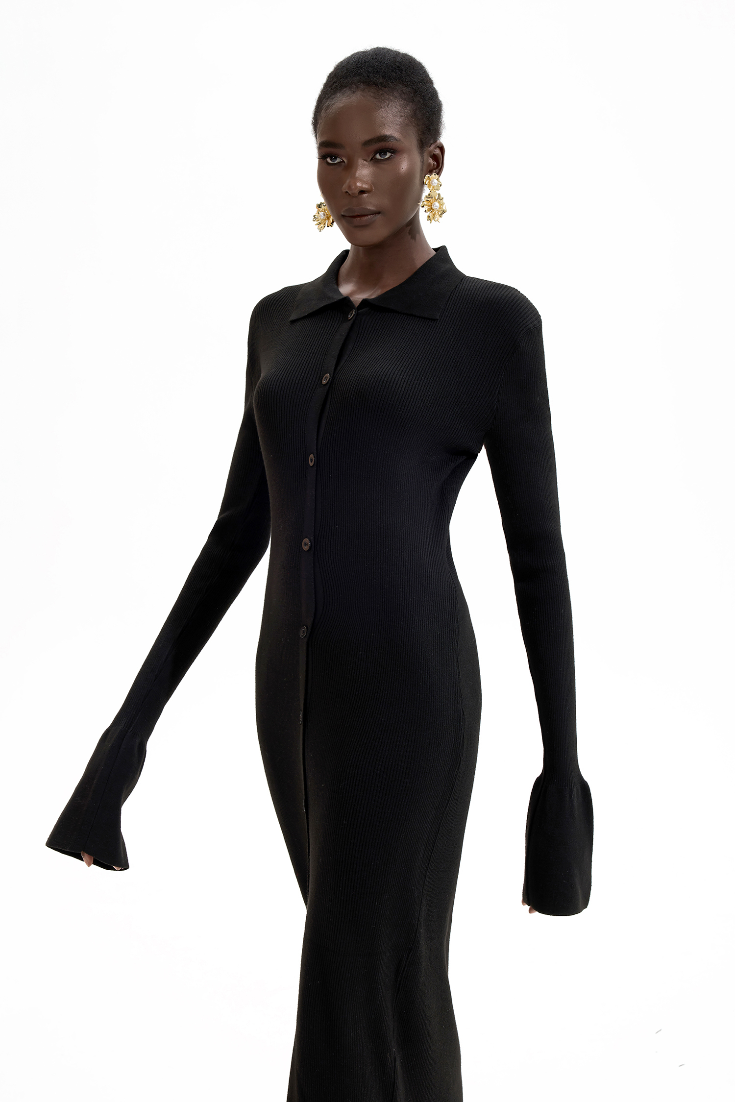 Jersey Solid Button Midi Dress Black