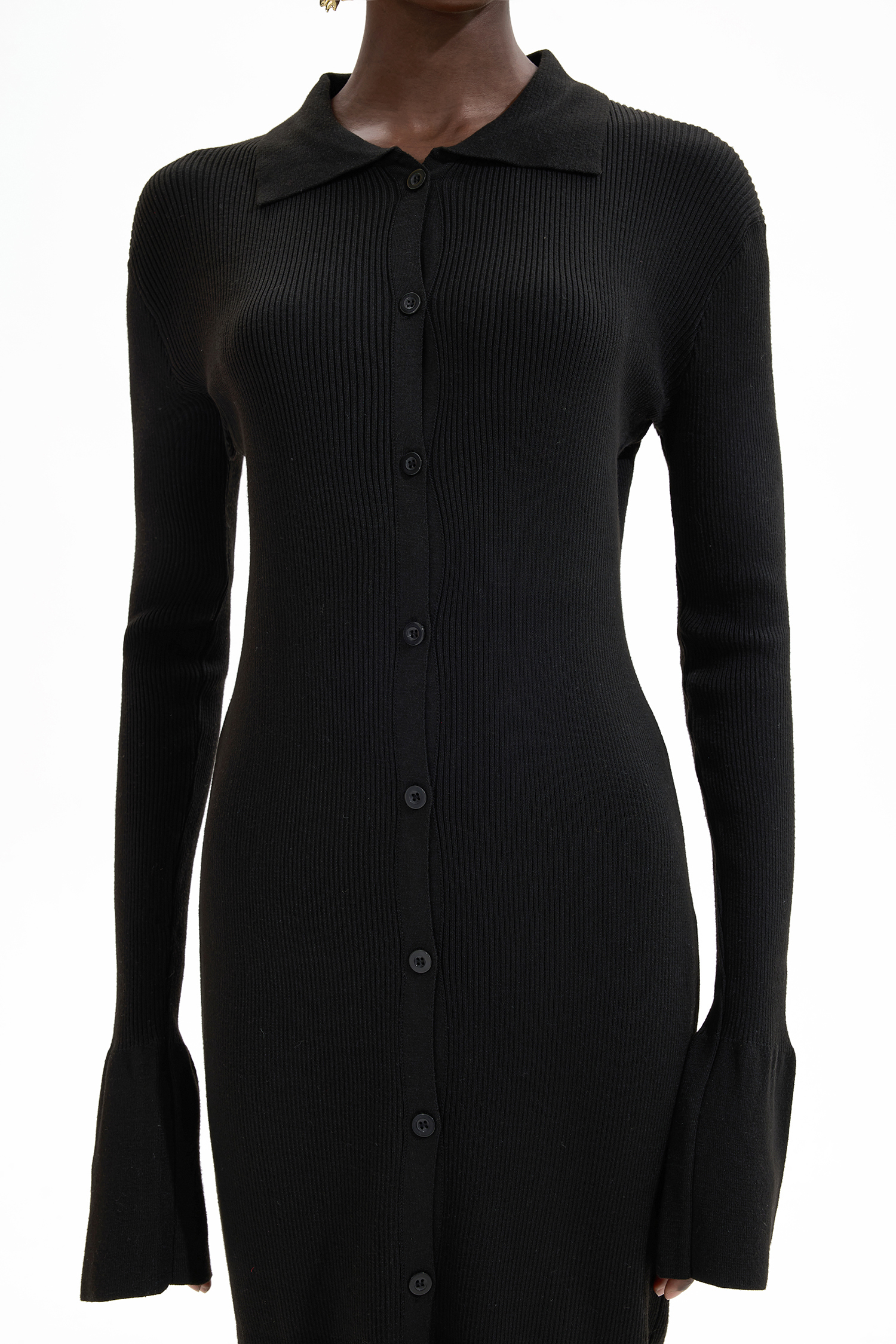 Jersey Solid Button Midi Dress Black