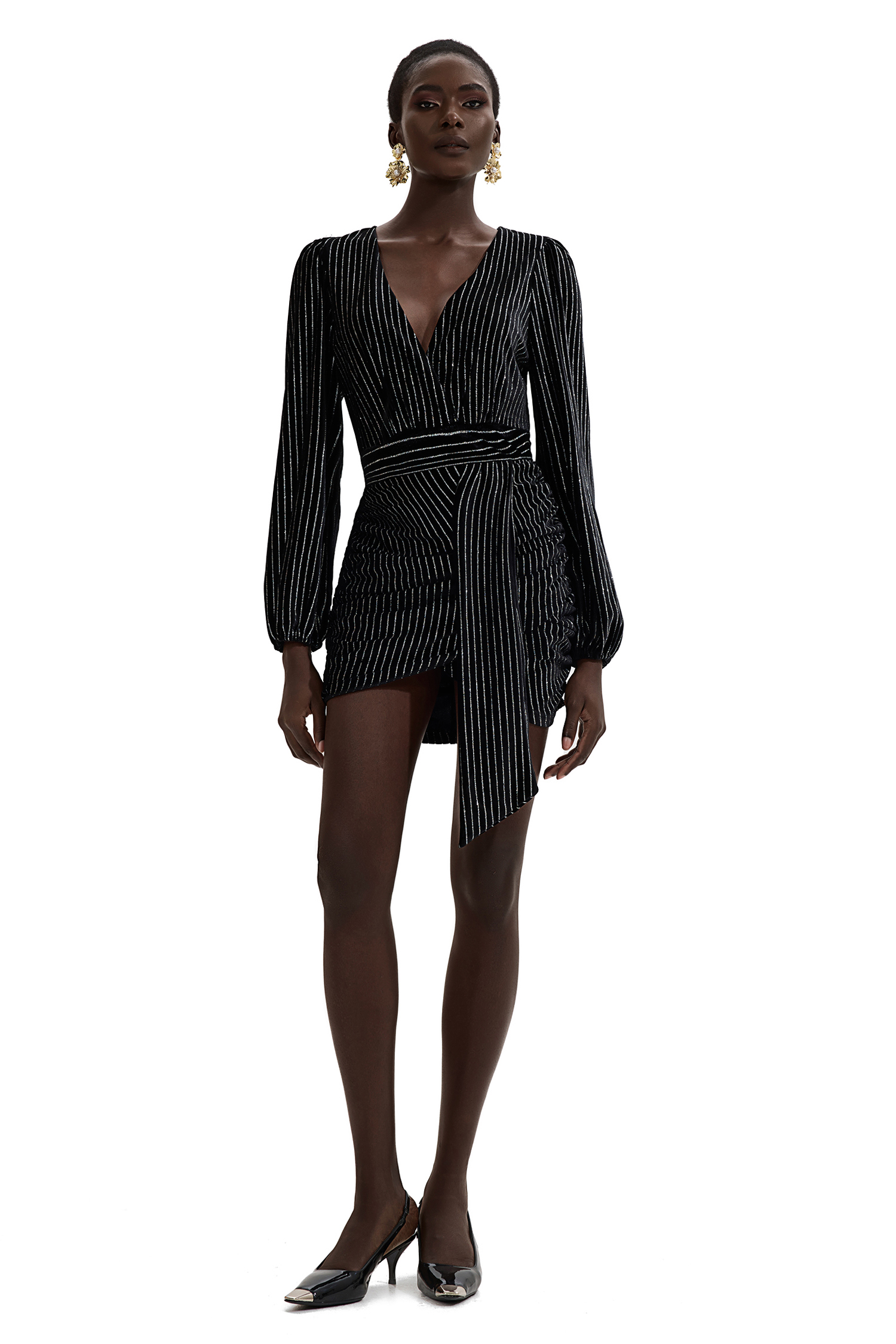 Velvet Silver Foil Stamping V-Neck Mini Dress