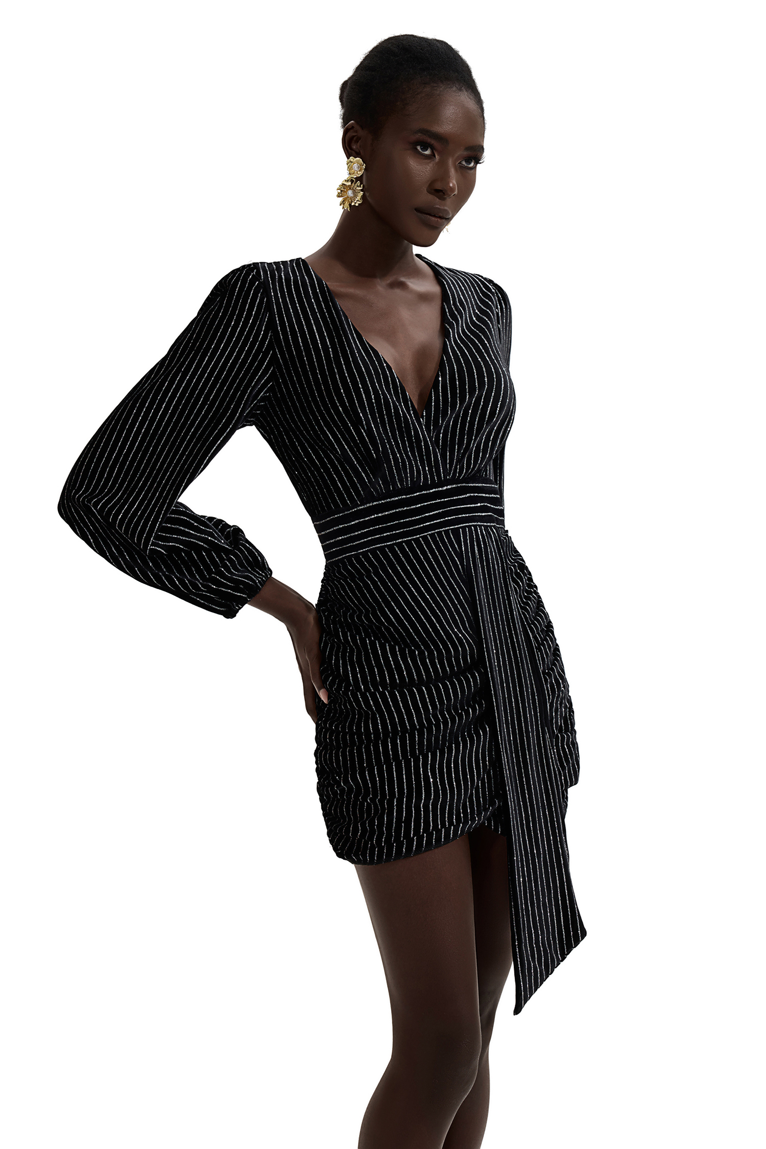 Velvet Silver Foil Stamping V-Neck Mini Dress