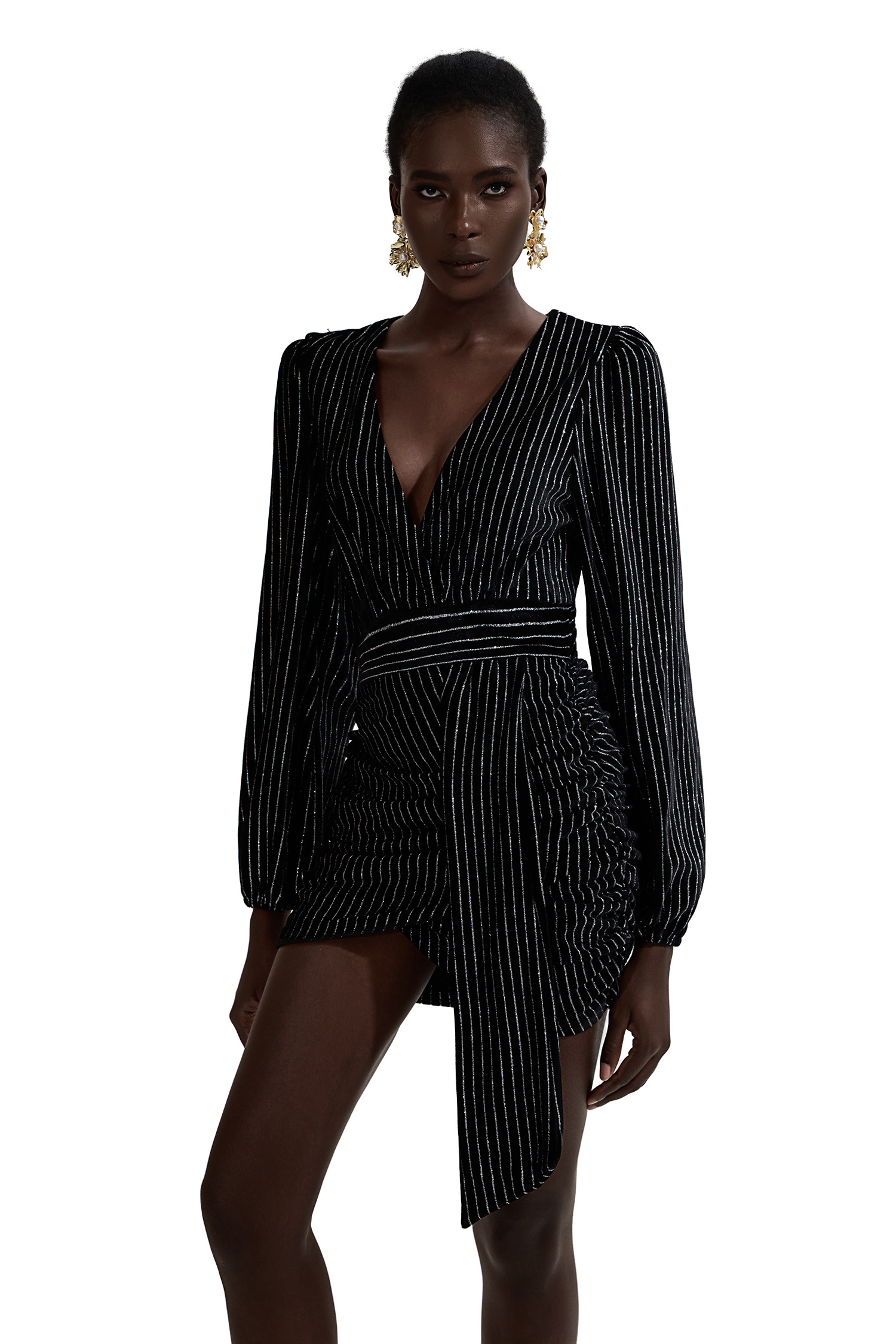 Velvet Silver Foil Stamping V-Neck Mini Dress