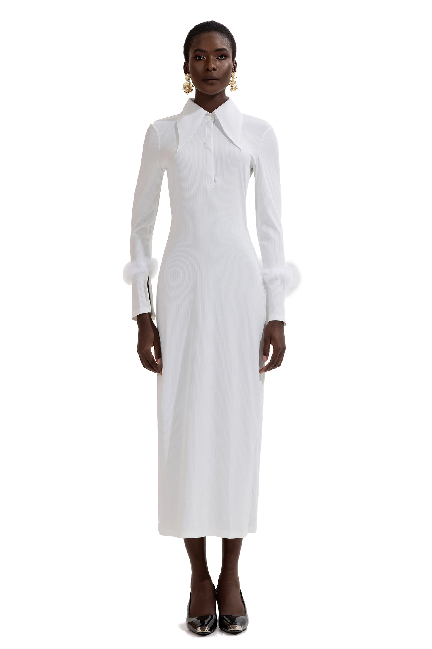 Jersey Feather Long Sleeve Midi Dress