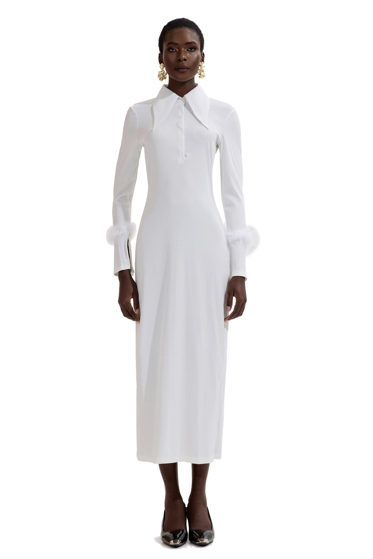 Jersey Feather Long Sleeve Midi Dress