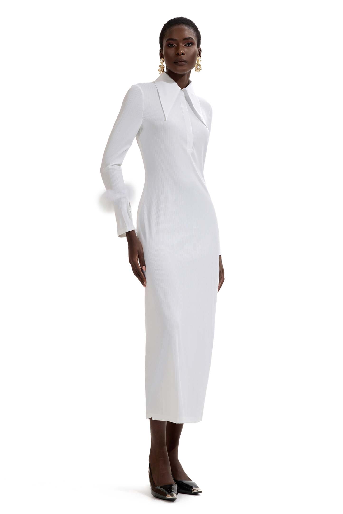 Jersey Feather Long Sleeve Midi Dress