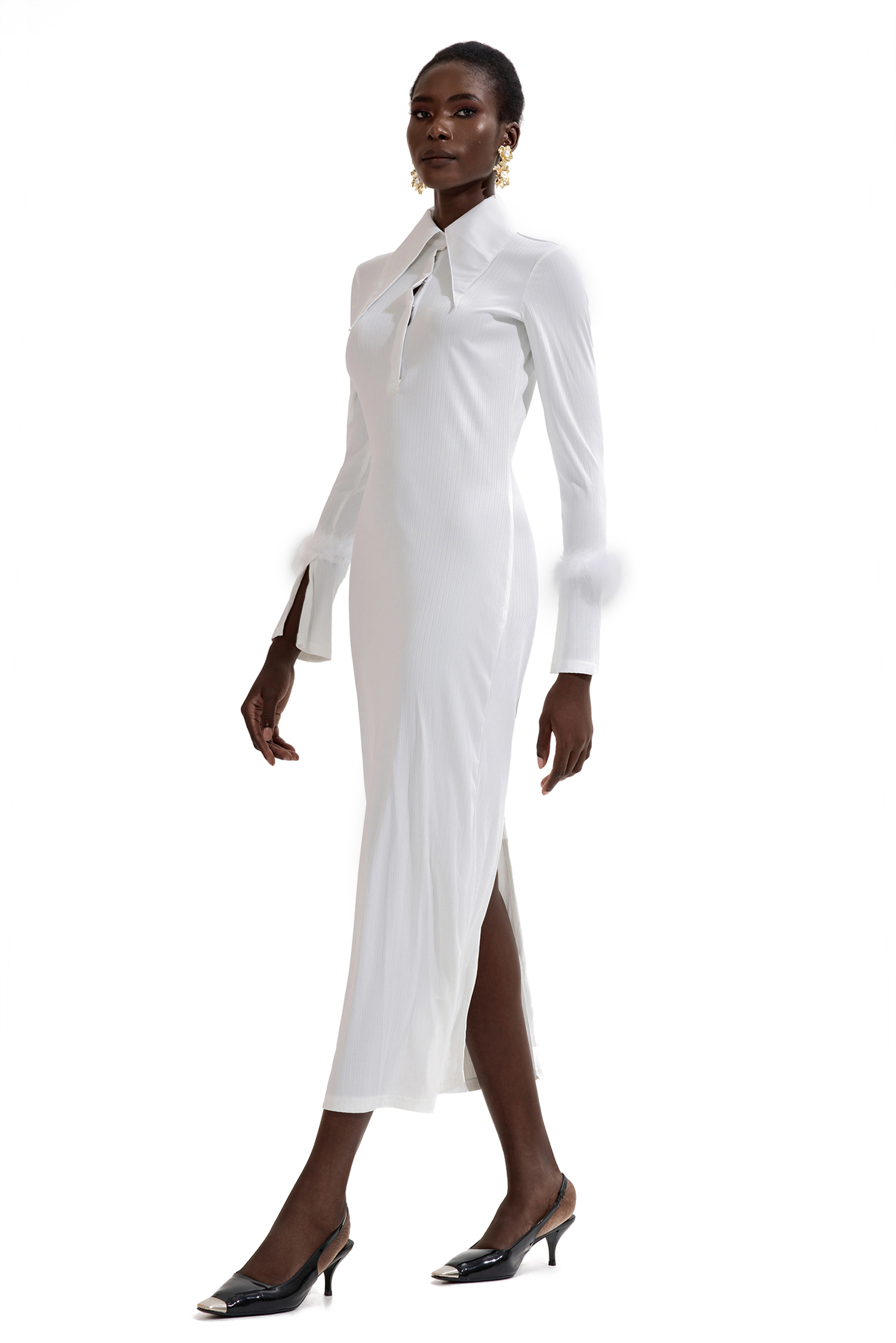 Jersey Feather Long Sleeve Midi Dress