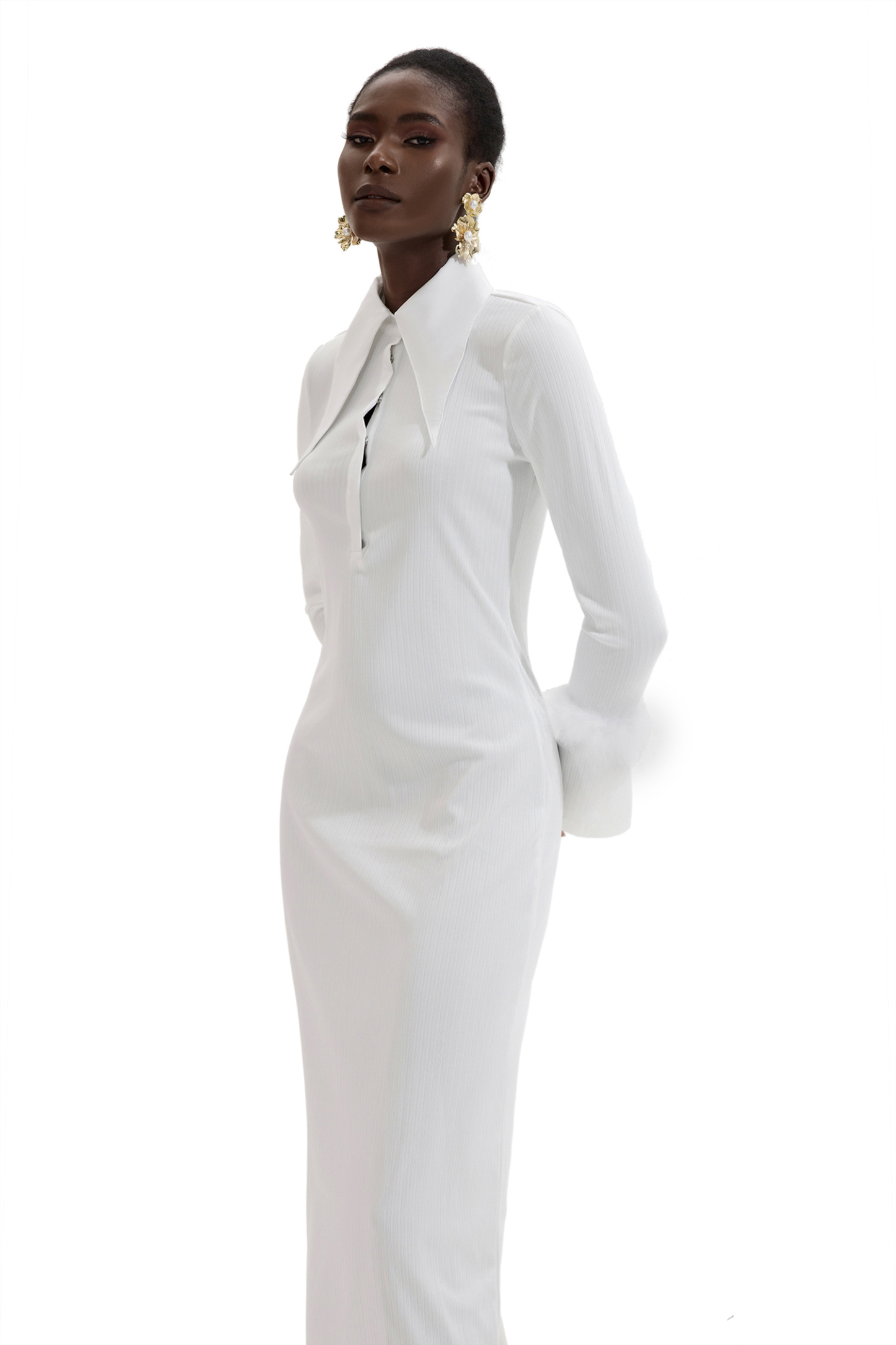 Jersey Feather Long Sleeve Midi Dress