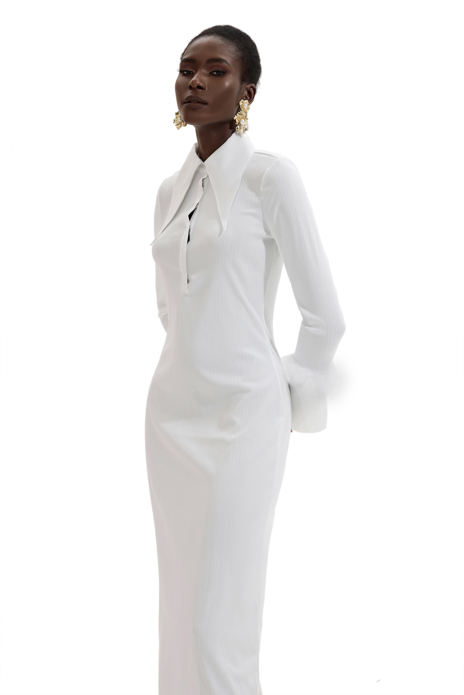 Jersey Feather Long Sleeve Midi Dress