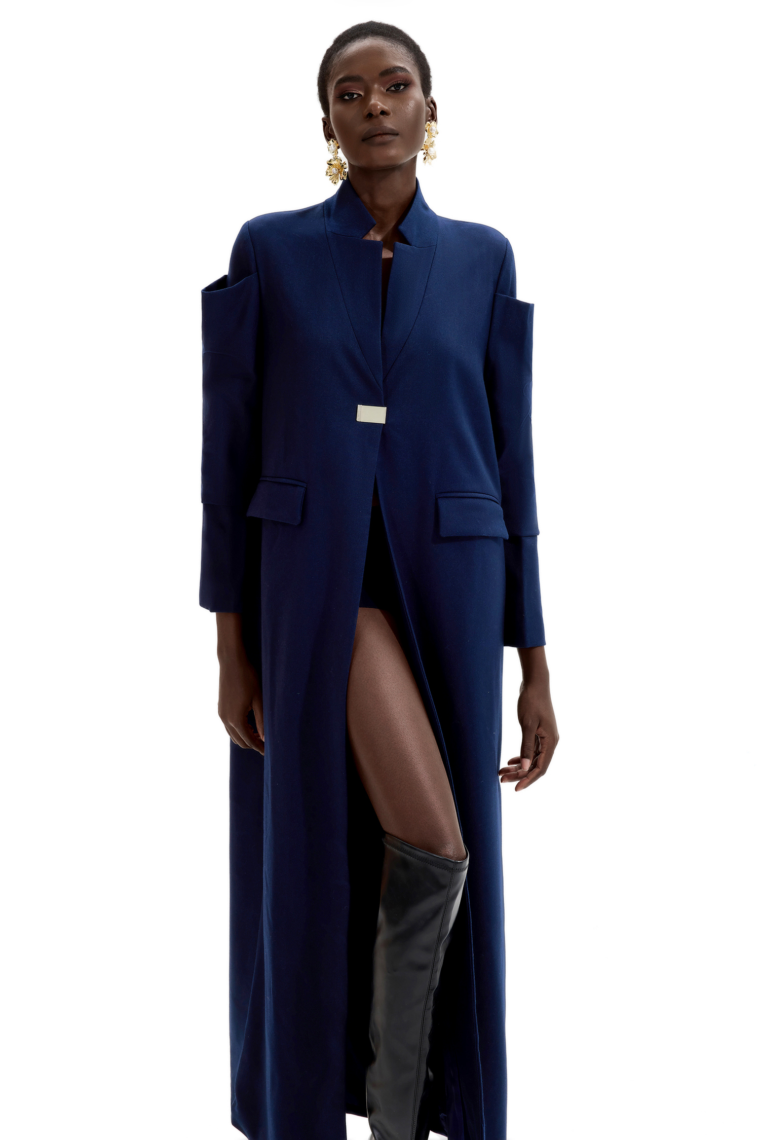 Splicing Stand Collar Midi Coat