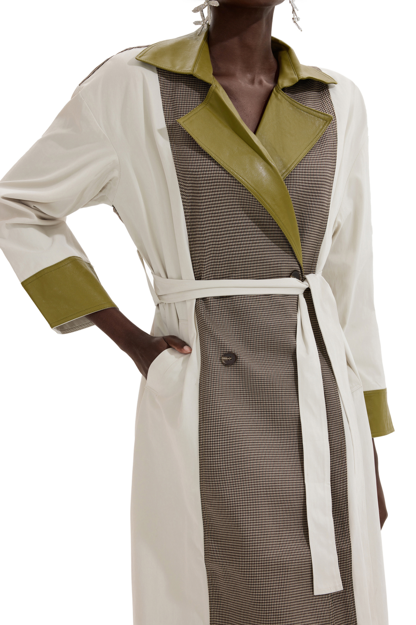 PU Splicing Houndstooth Long Sleeve Coat With Belt