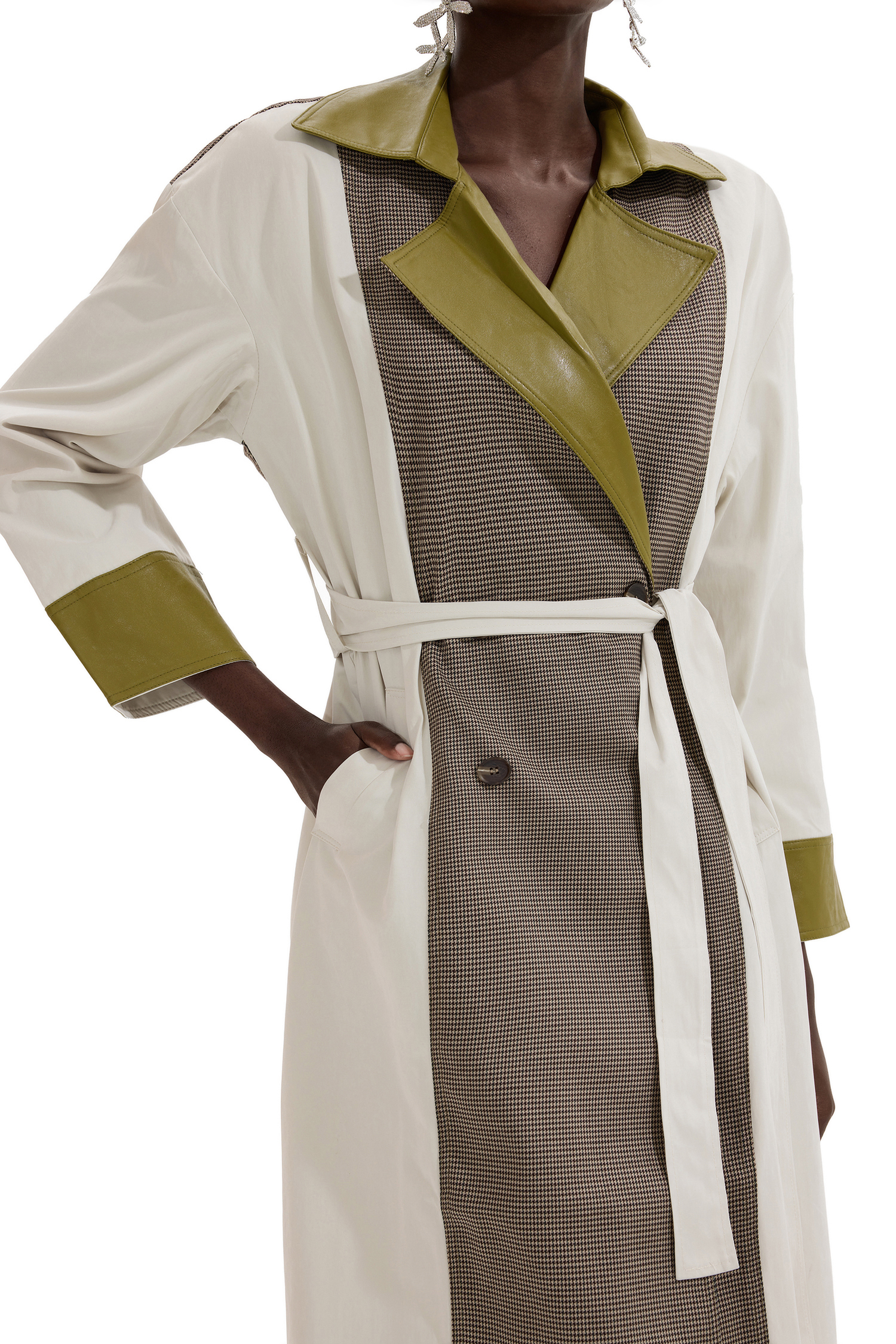 PU Splicing Houndstooth Long Sleeve Coat With Belt