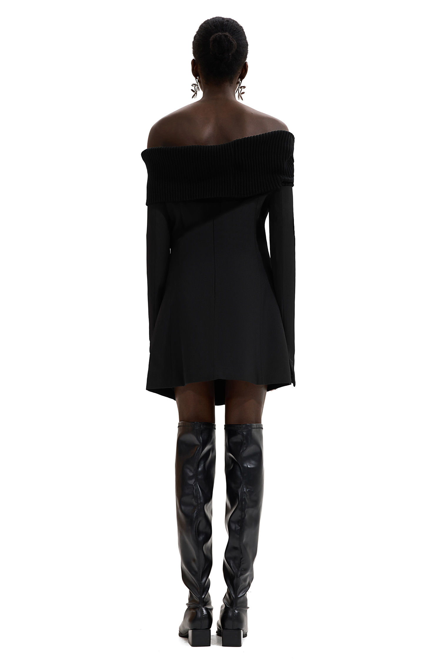 Off-Shoulder Button Solid Mini Dress