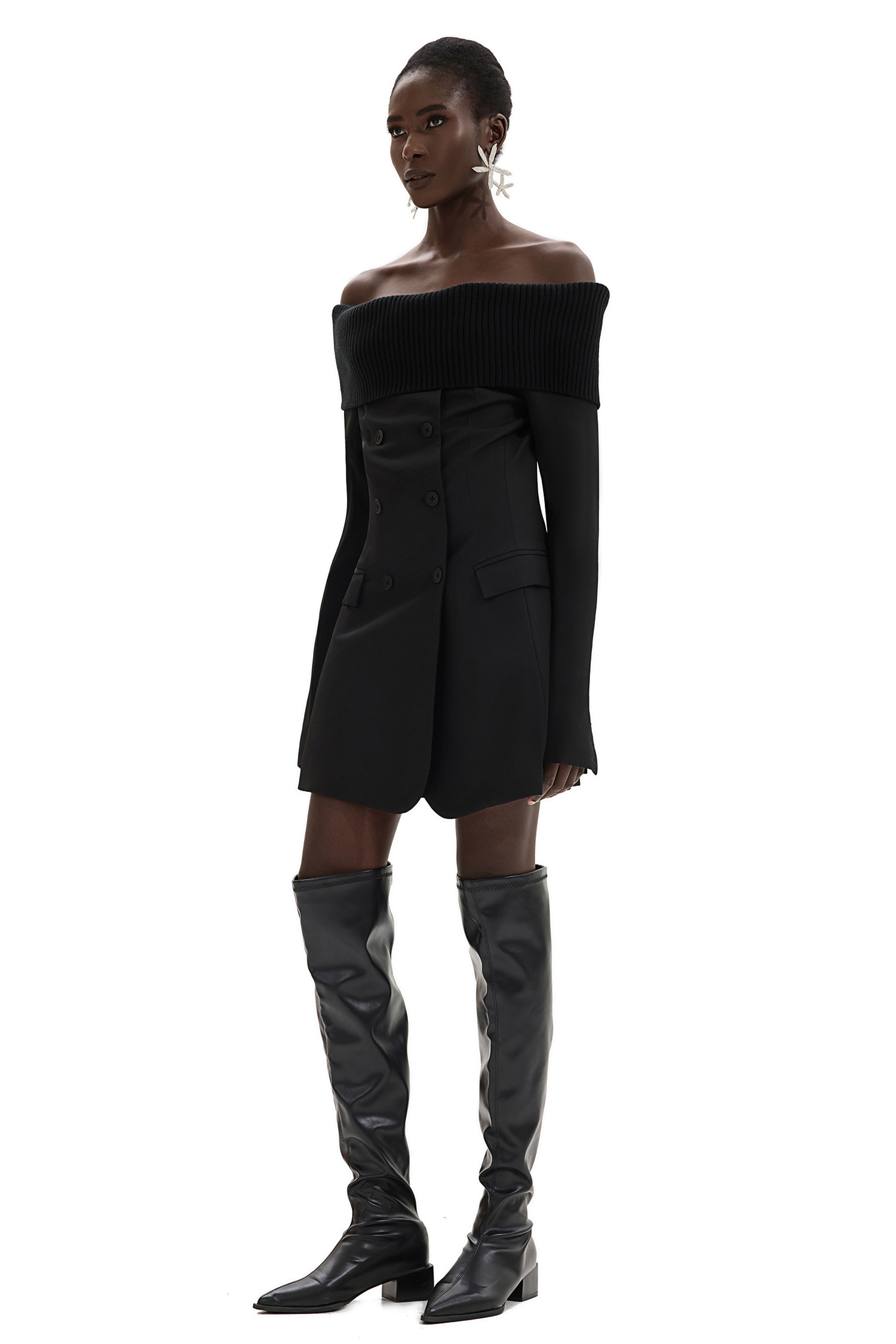 Off-Shoulder Button Solid Mini Dress