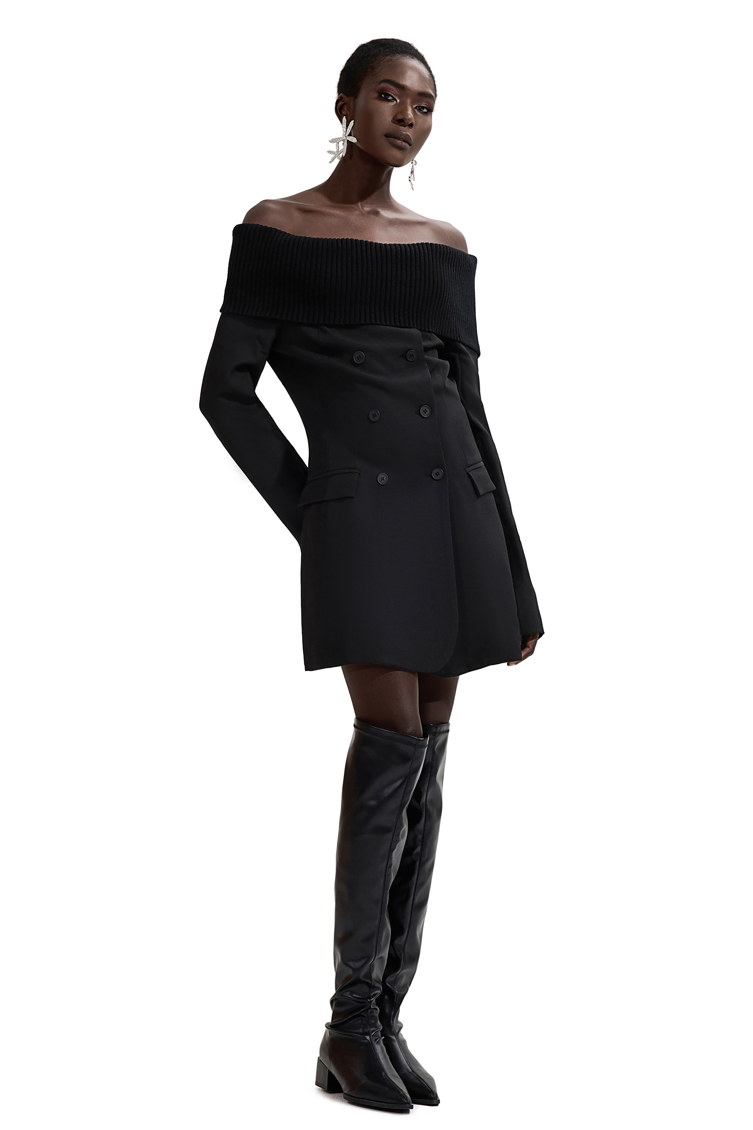 Off-Shoulder Button Solid Mini Dress