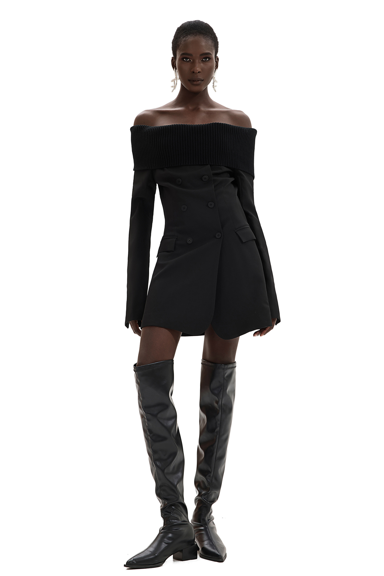 Off-Shoulder Button Solid Mini Dress