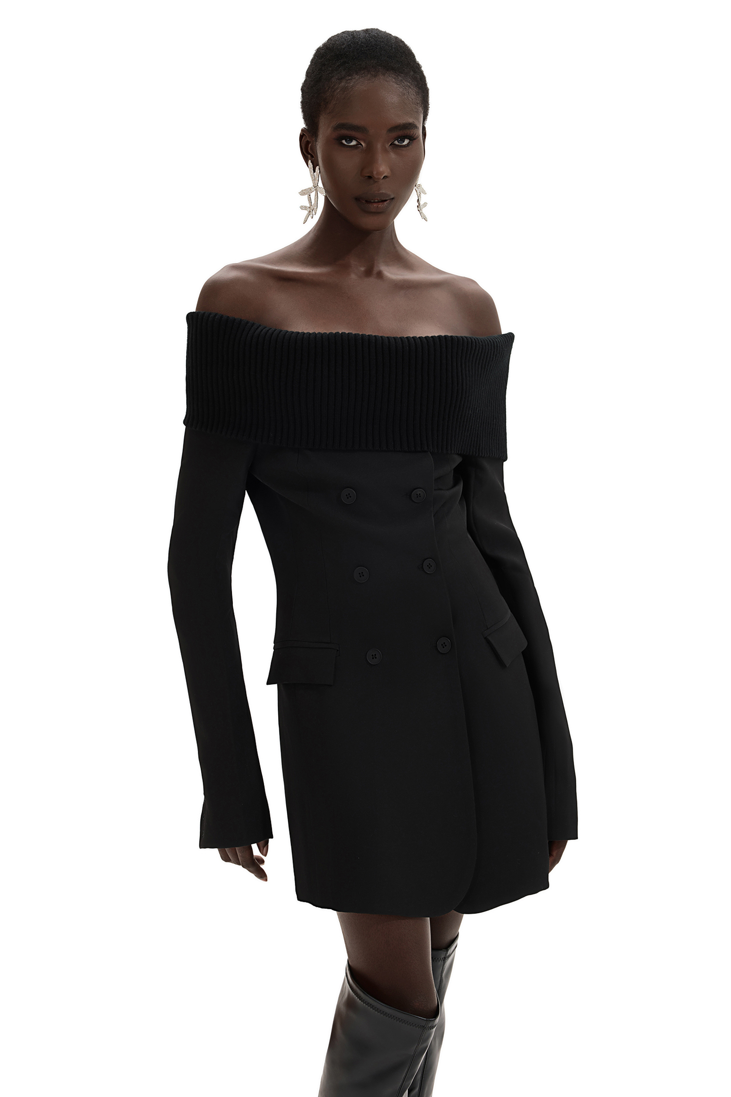 Off-Shoulder Button Solid Mini Dress