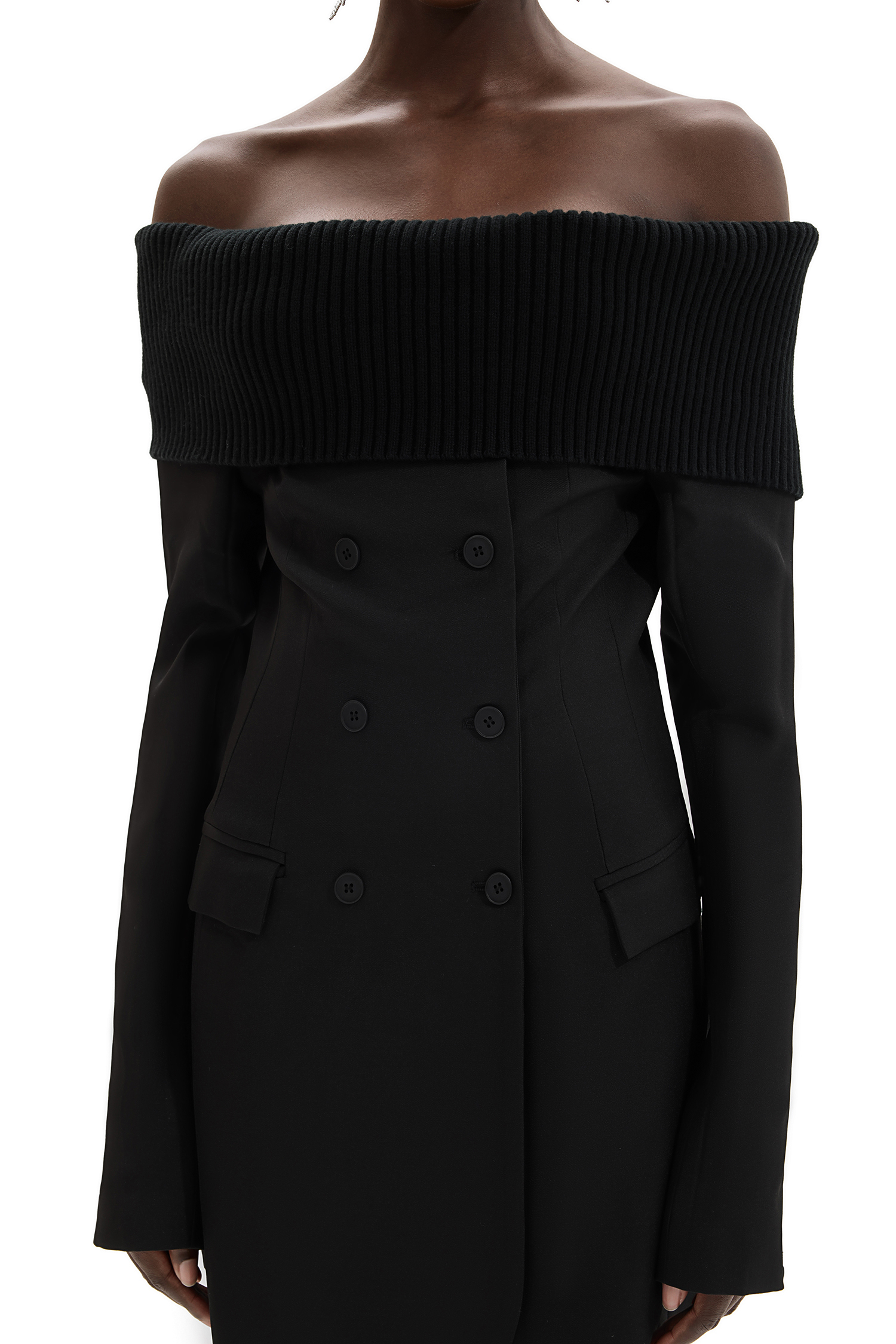 Off-Shoulder Button Solid Mini Dress