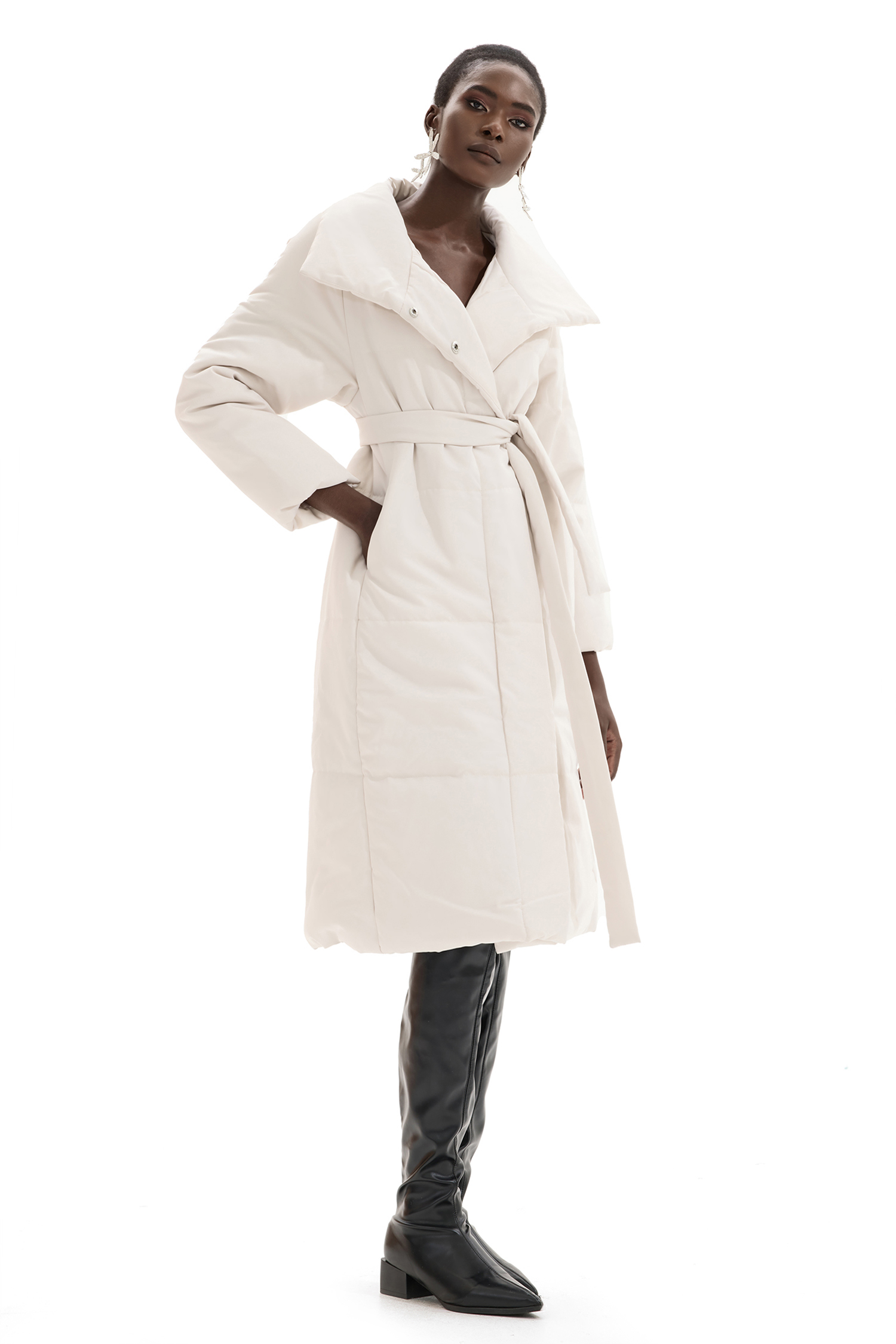 Stand Collar Long Sleeve Solid Quilted Coat