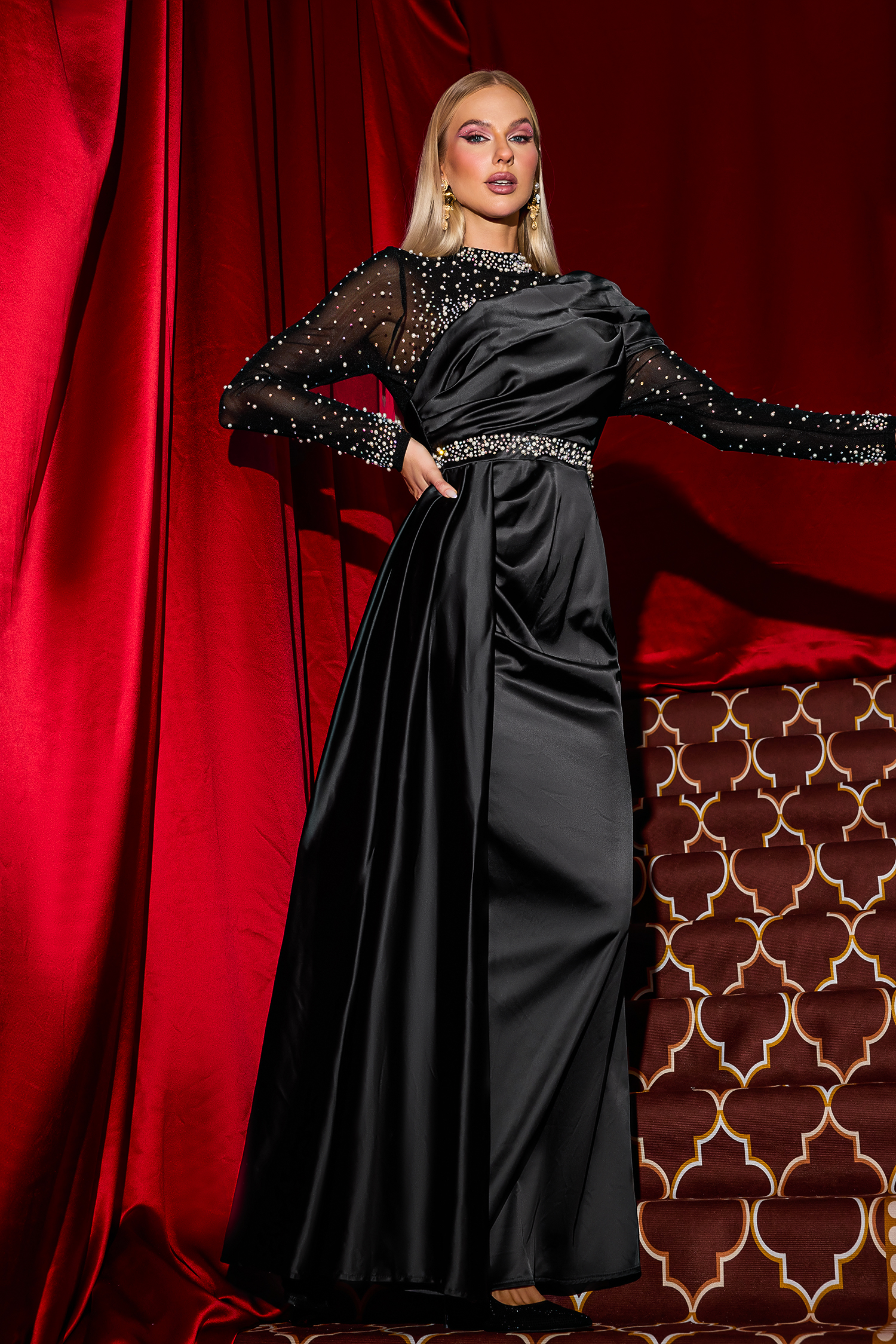Rhinestone Faux Pearl Satin Maxi Dress