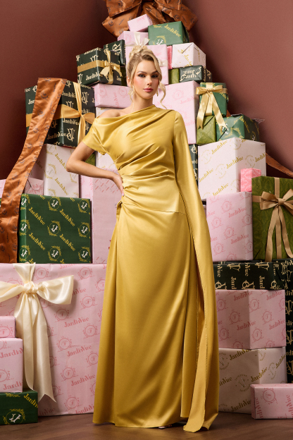 Satin Asymmetrical Neckline Draped Maxi Dress