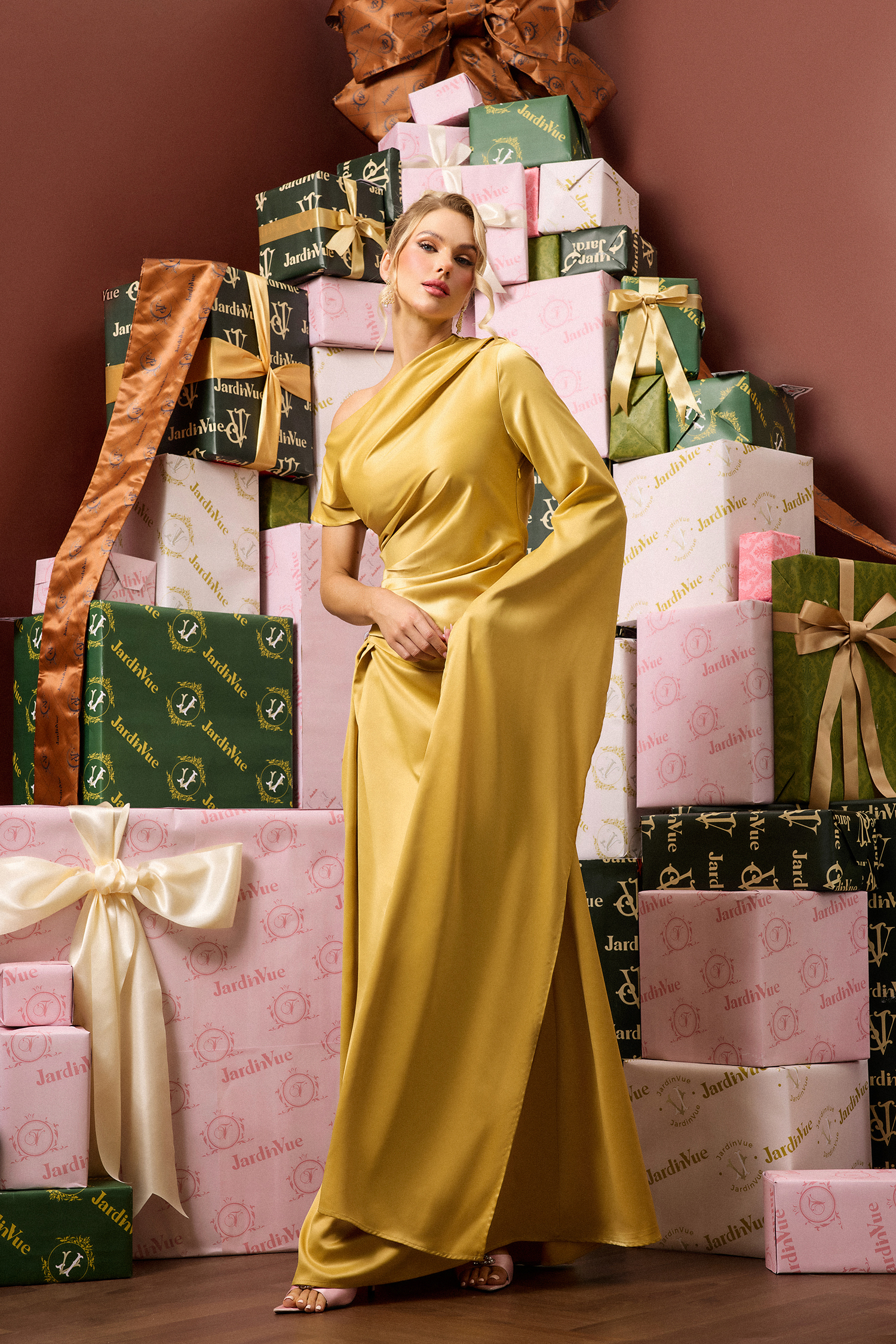 Satin Asymmetrical Neckline Draped Maxi Dress