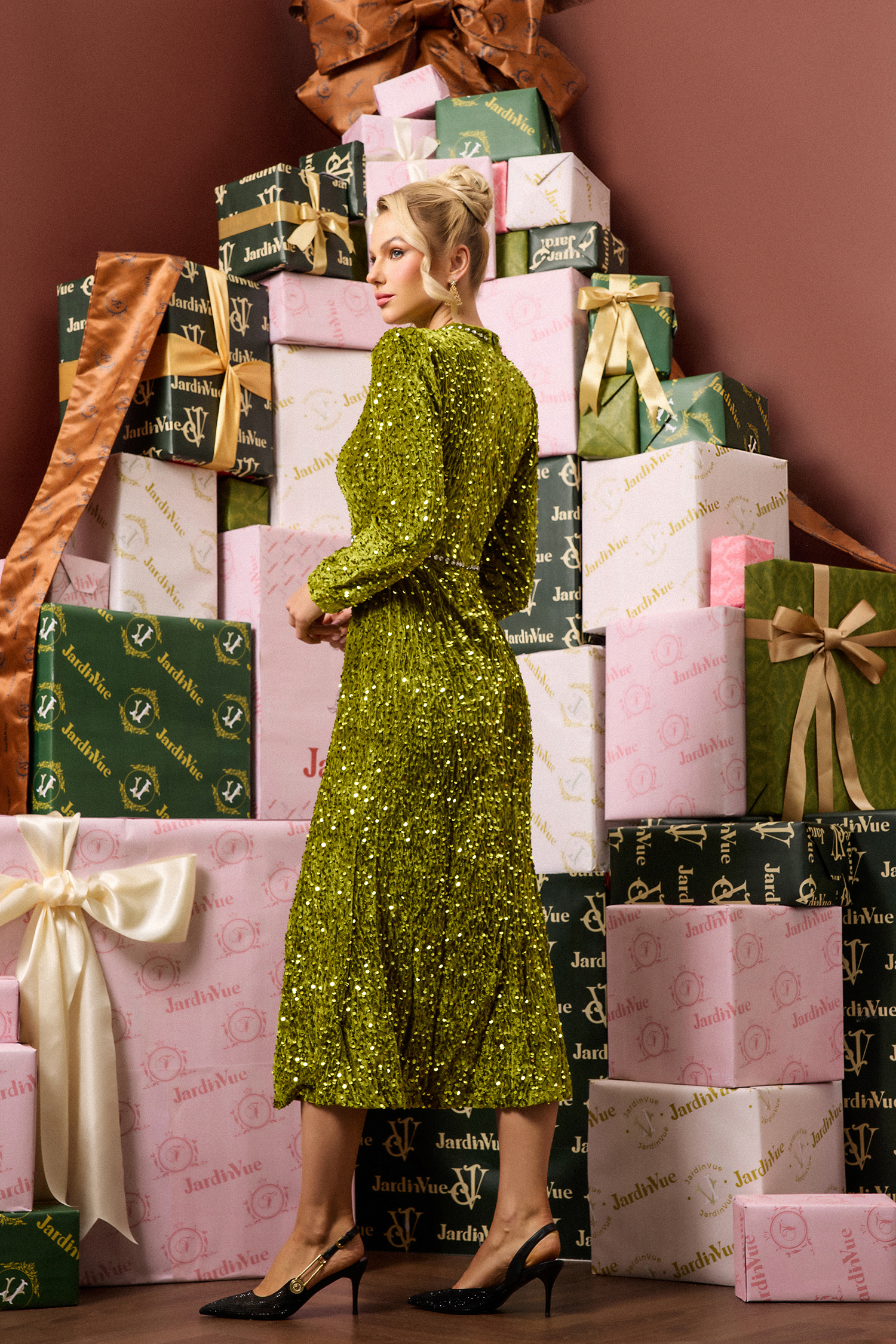 Sequin Velvet Long Sleeve Midi Dress