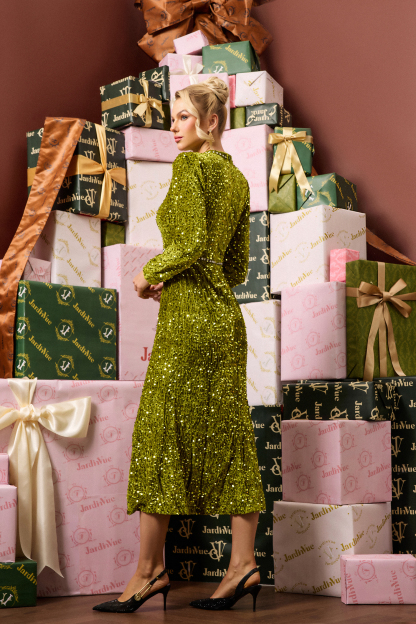 Sequin Velvet Long Sleeve Midi Dress