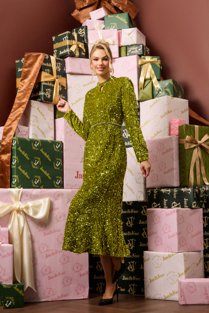 Sequin Velvet Long Sleeve Midi Dress