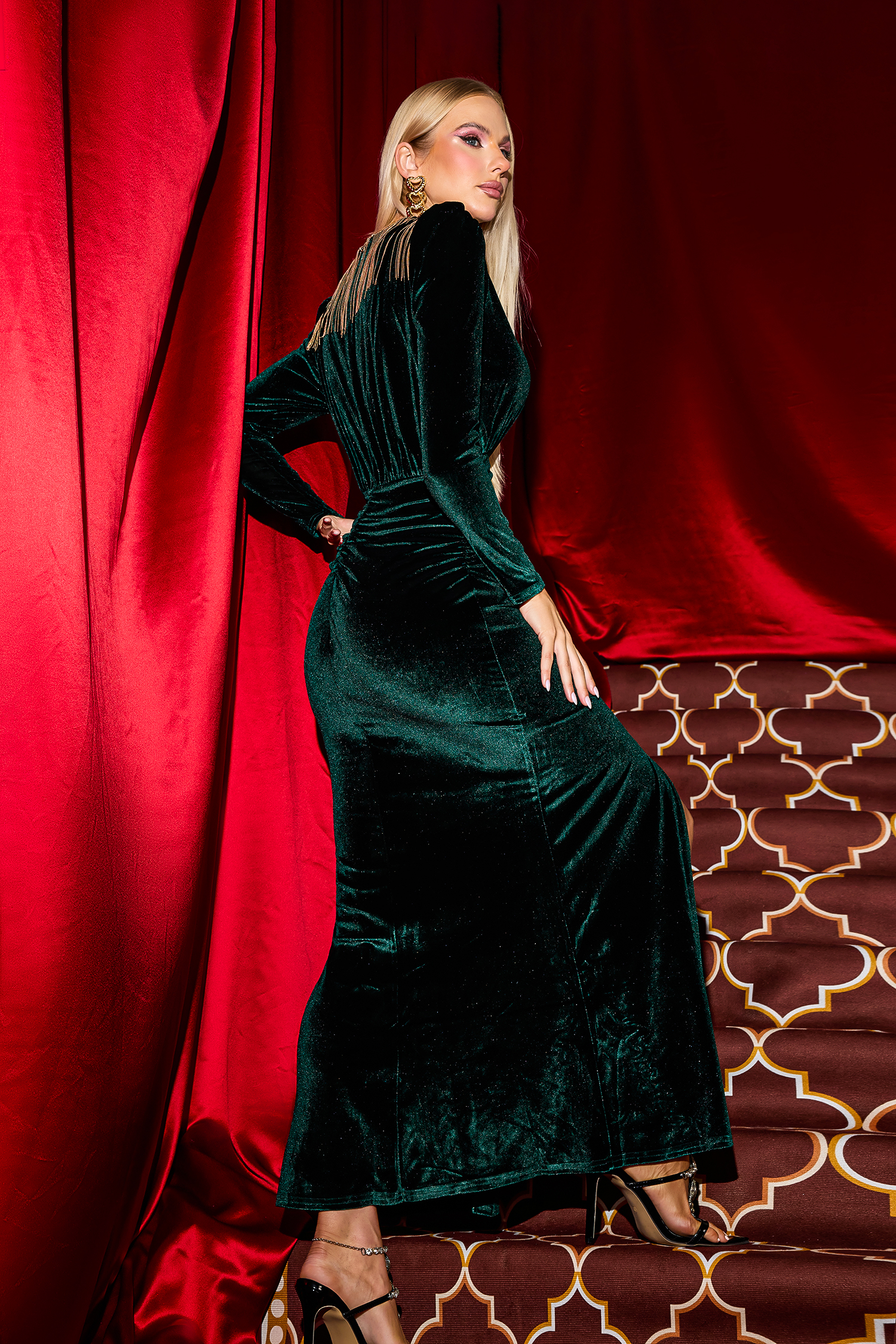 Solid Velvet Tassel V-Neck Maxi Dress