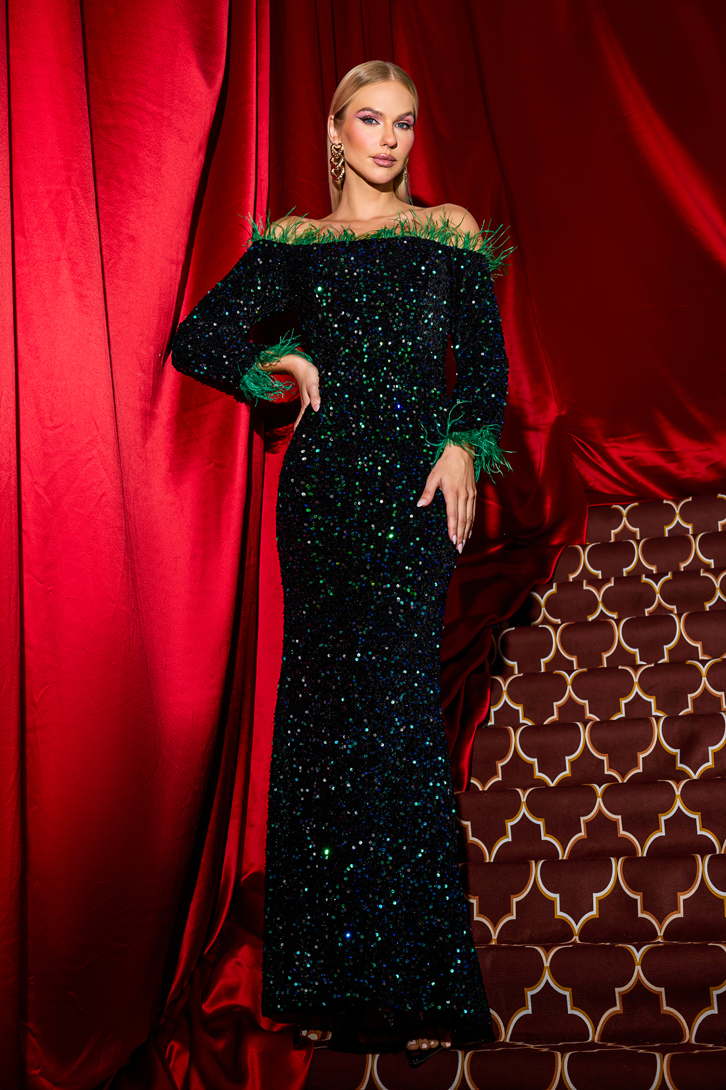 Sequin Velvet Feather Midi Dress