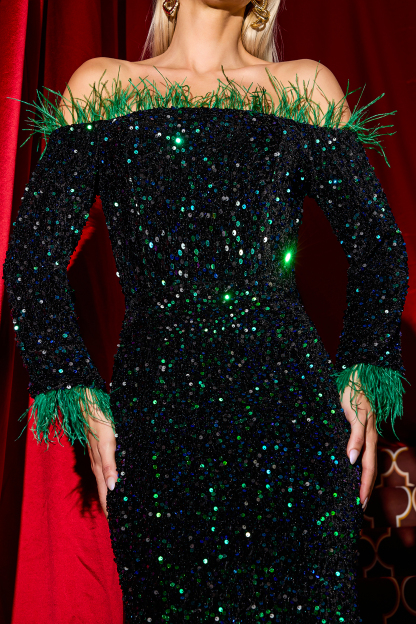 Sequin Velvet Feather Midi Dress