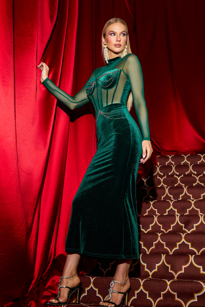 Velvet Mesh Rhinestone Midi Dress