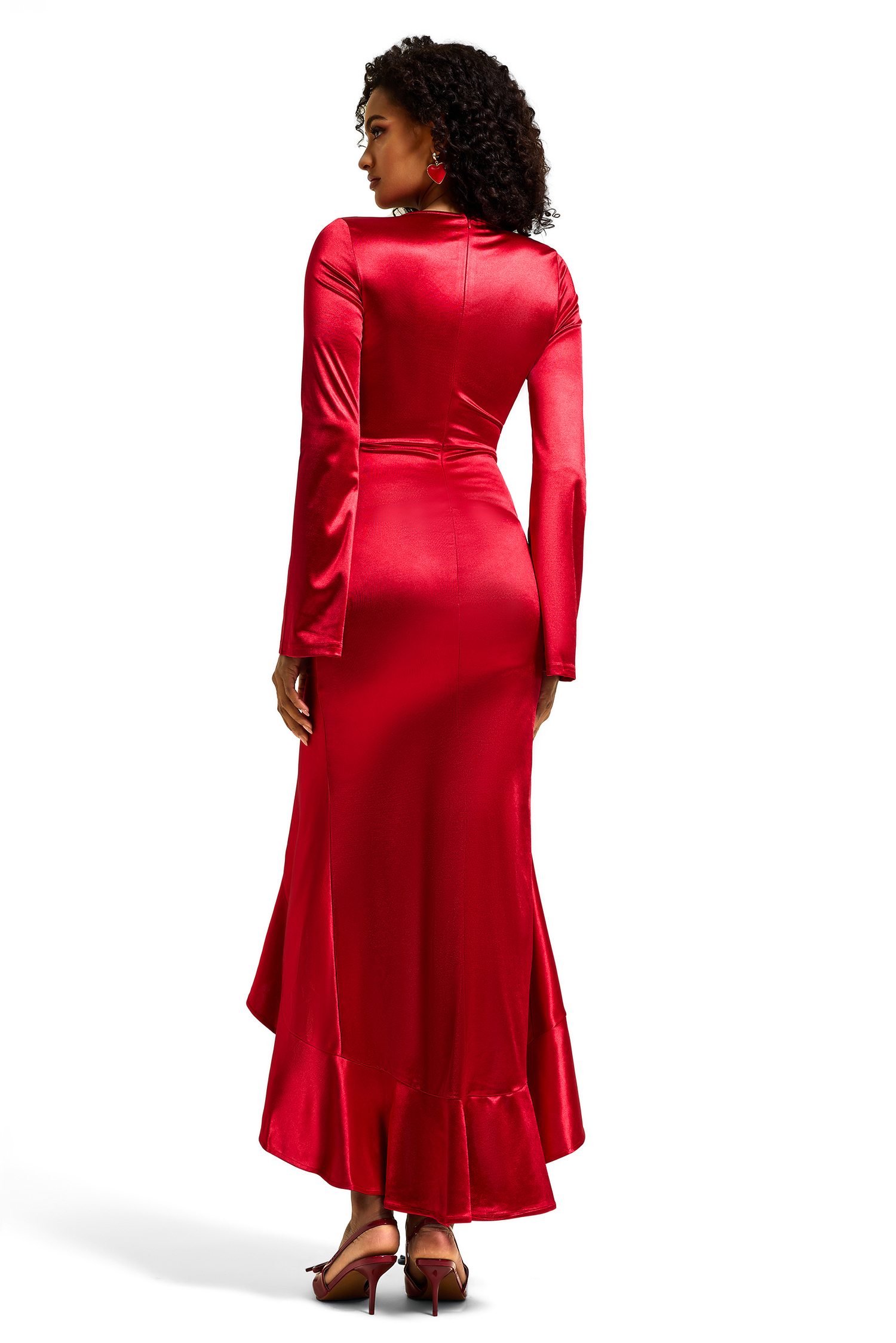Solid Satin V-Neck Ruched Midi Dress