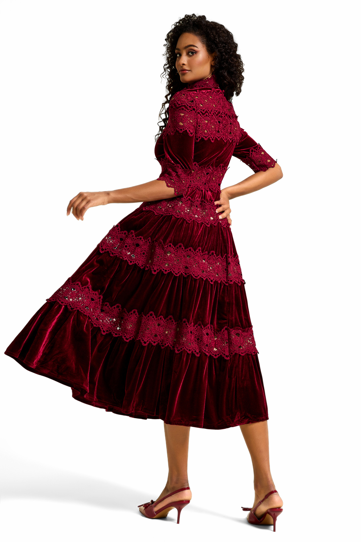 Lace Velvet Stand Neck Midi Dress