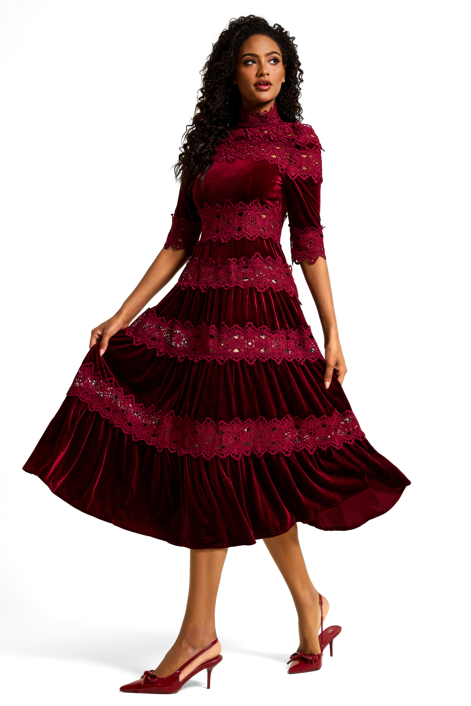 Lace Velvet Stand Neck Midi Dress