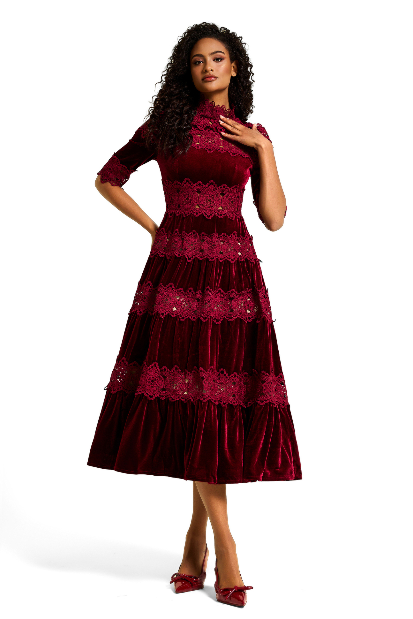 Lace Velvet Stand Neck Midi Dress