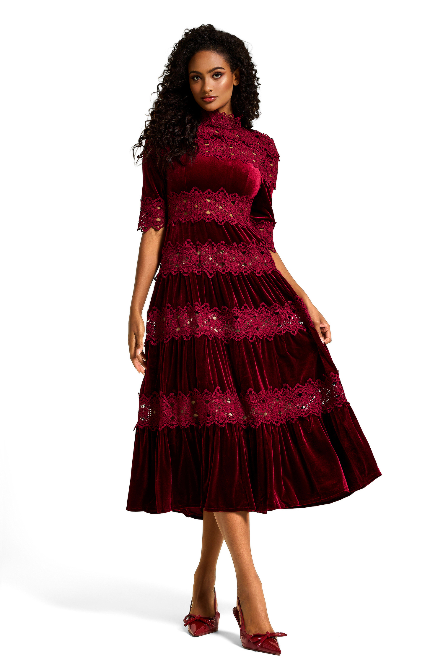 Lace Velvet Stand Neck Midi Dress