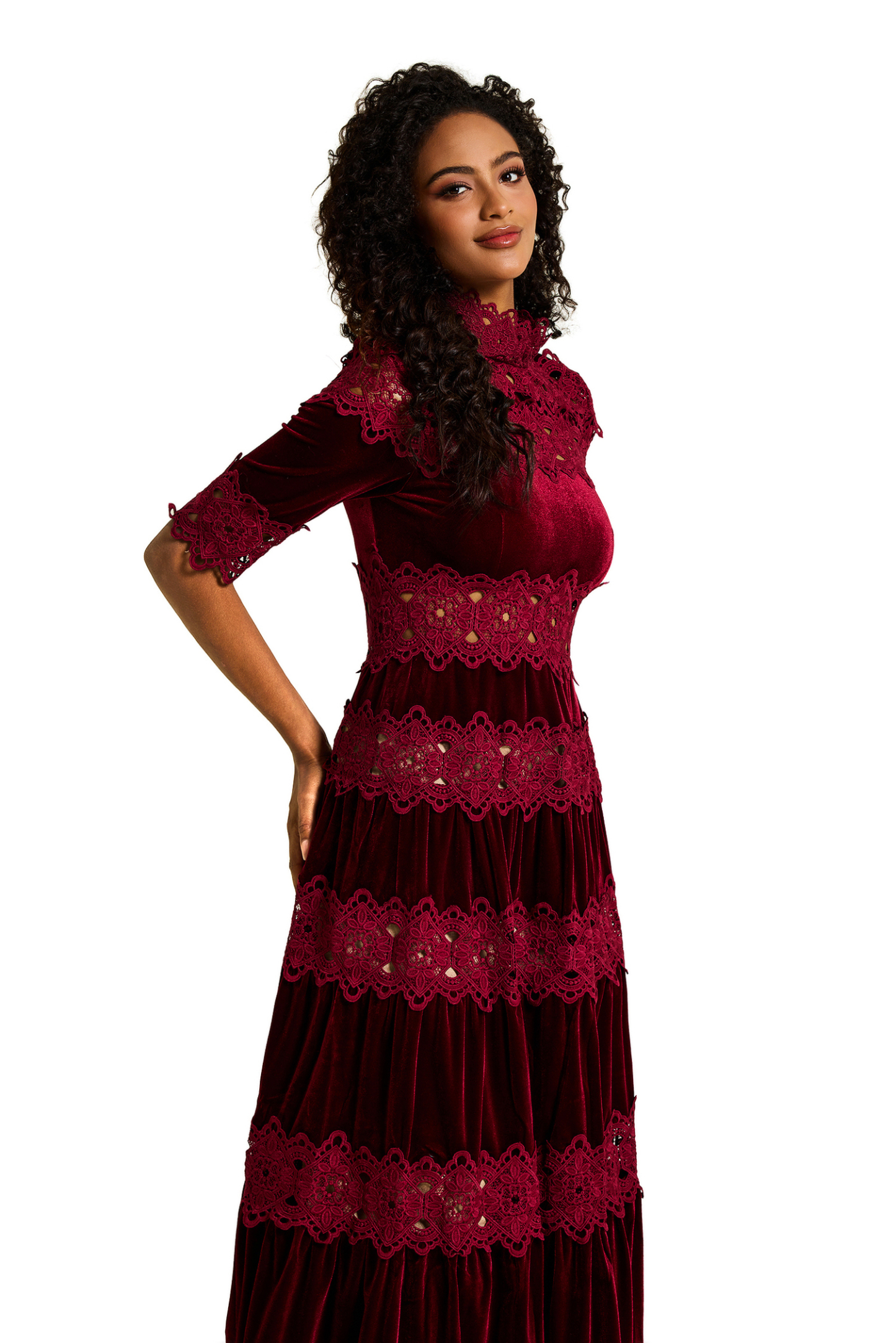 Lace Velvet Stand Neck Midi Dress
