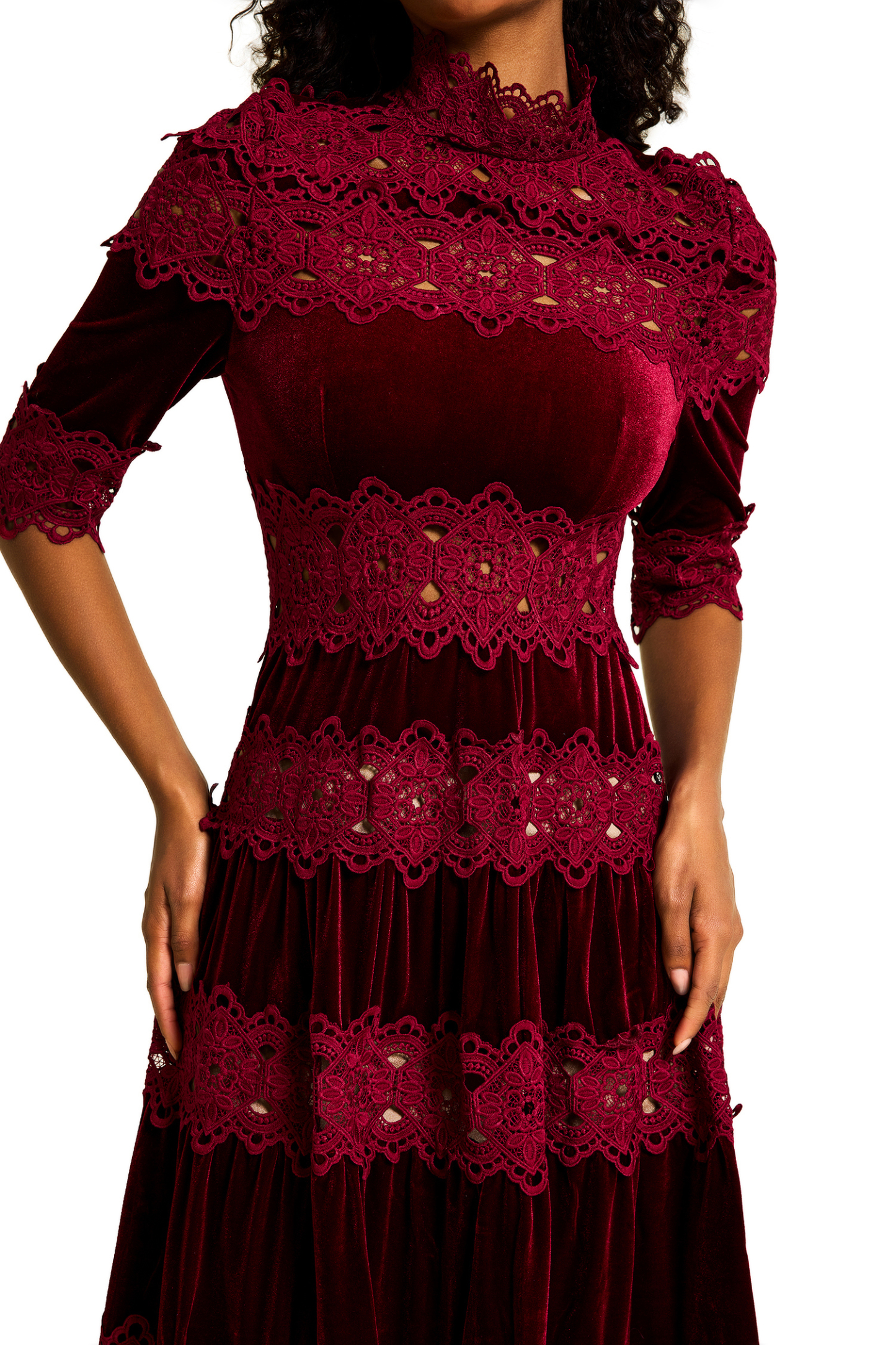 Lace Velvet Stand Neck Midi Dress
