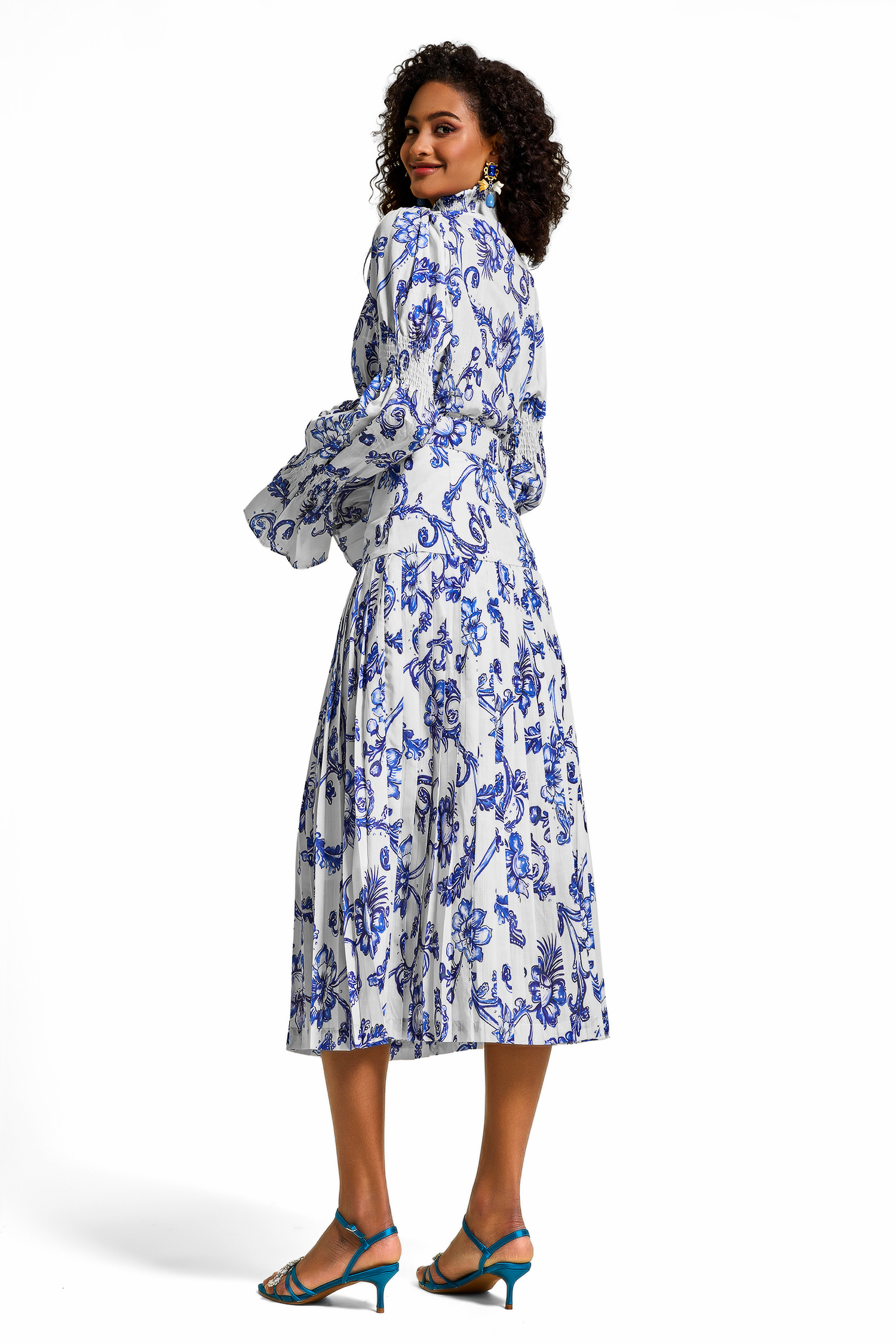 Floral Stand Collar Smocking Top & Mid Waist Pleat Midi Dress Set