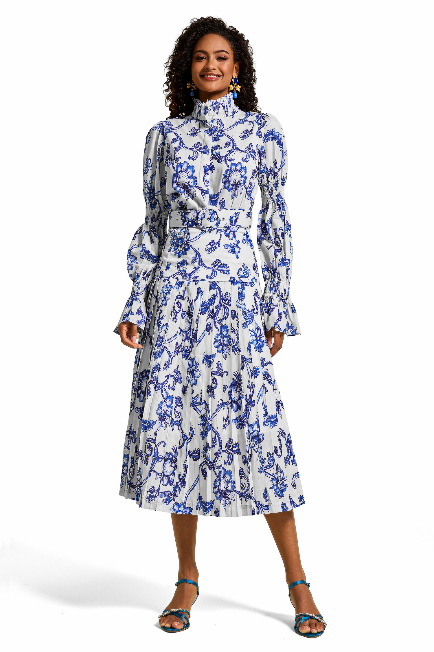 Floral Stand Collar Smocking Top & Mid Waist Pleat Midi Dress Set
