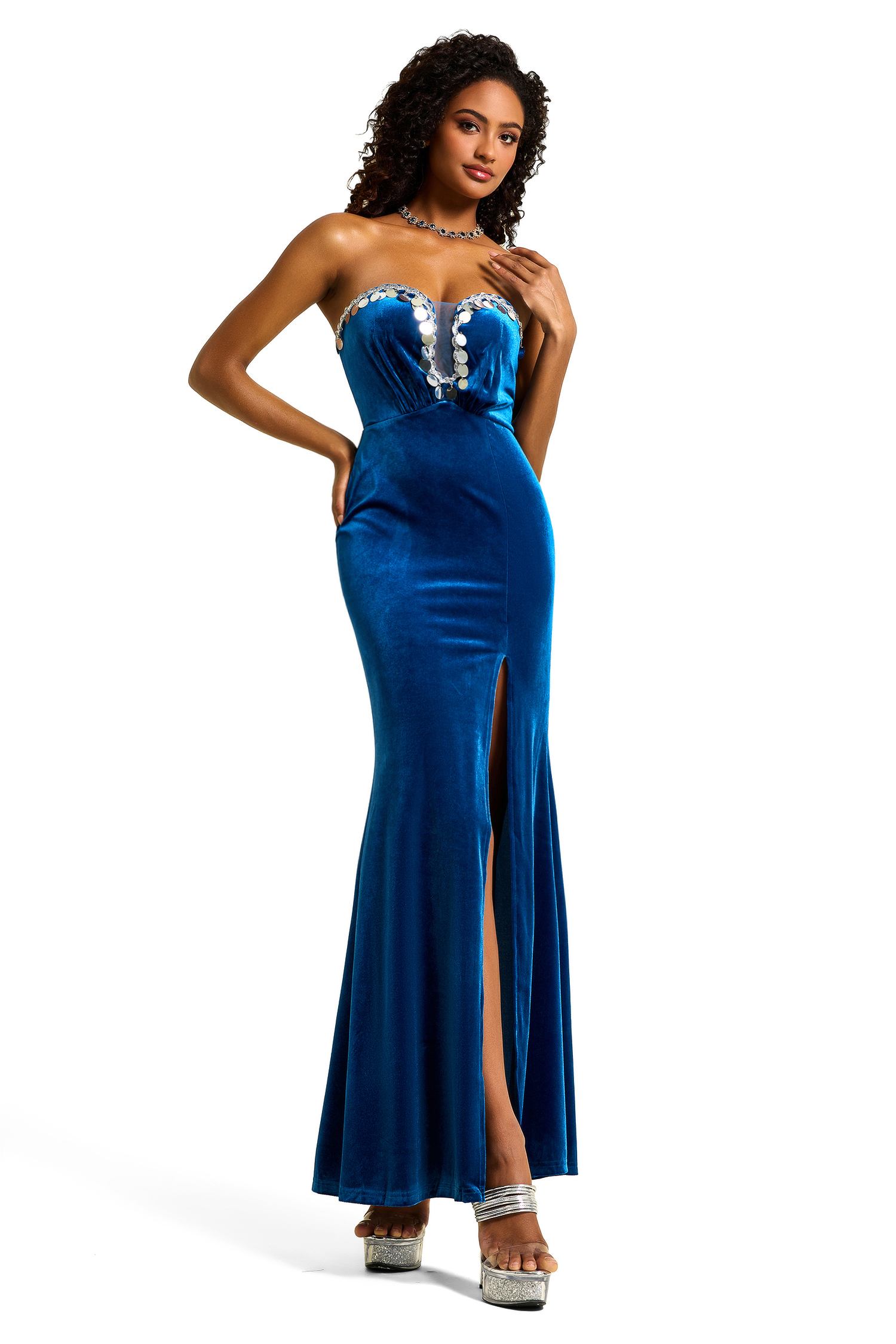 Sequin Velvet Sleeveless Split Maxi Dress