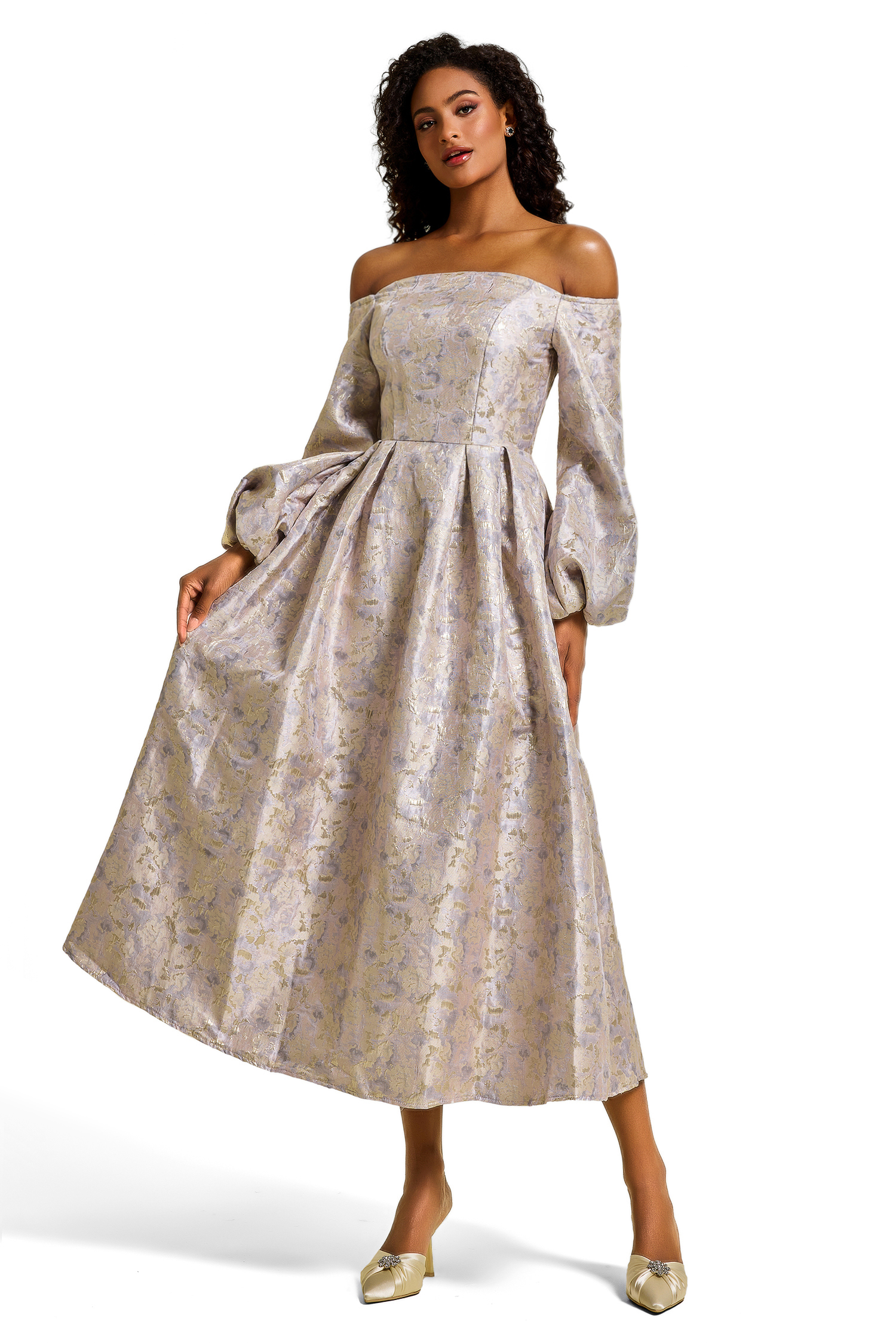 Jacquard Off-Shoulder Puff Sleeve Midi Dress