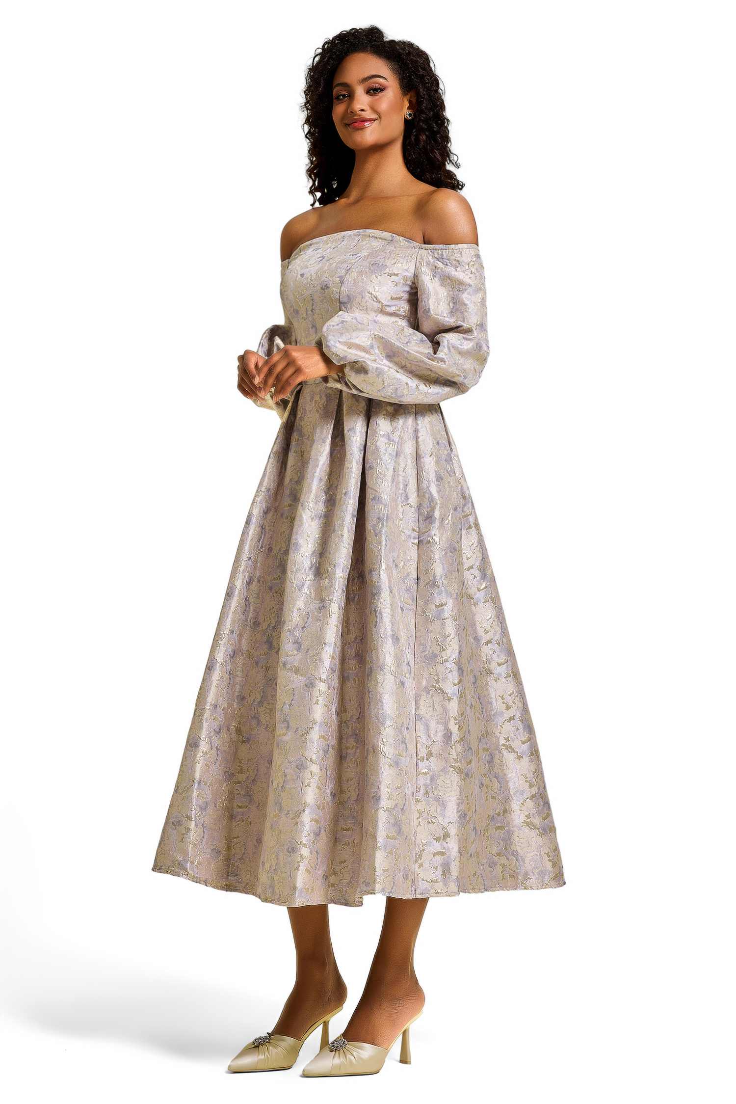 Jacquard Off-Shoulder Puff Sleeve Midi Dress