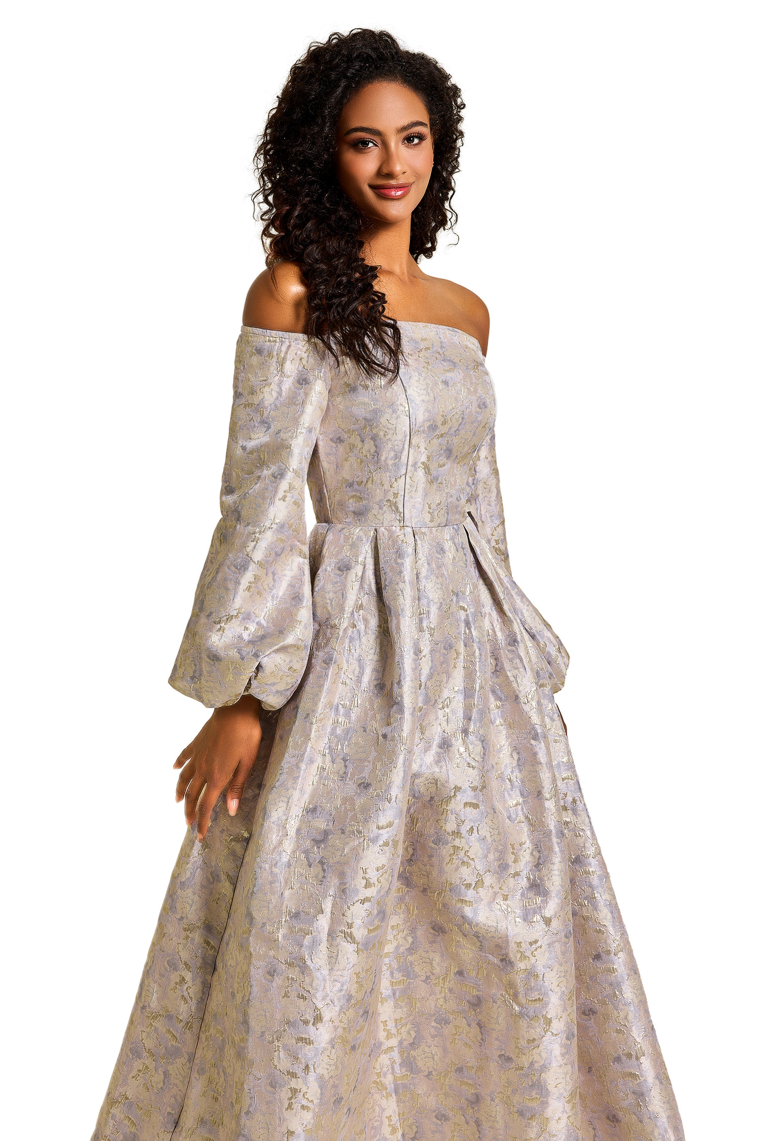 Jacquard Off-Shoulder Puff Sleeve Midi Dress