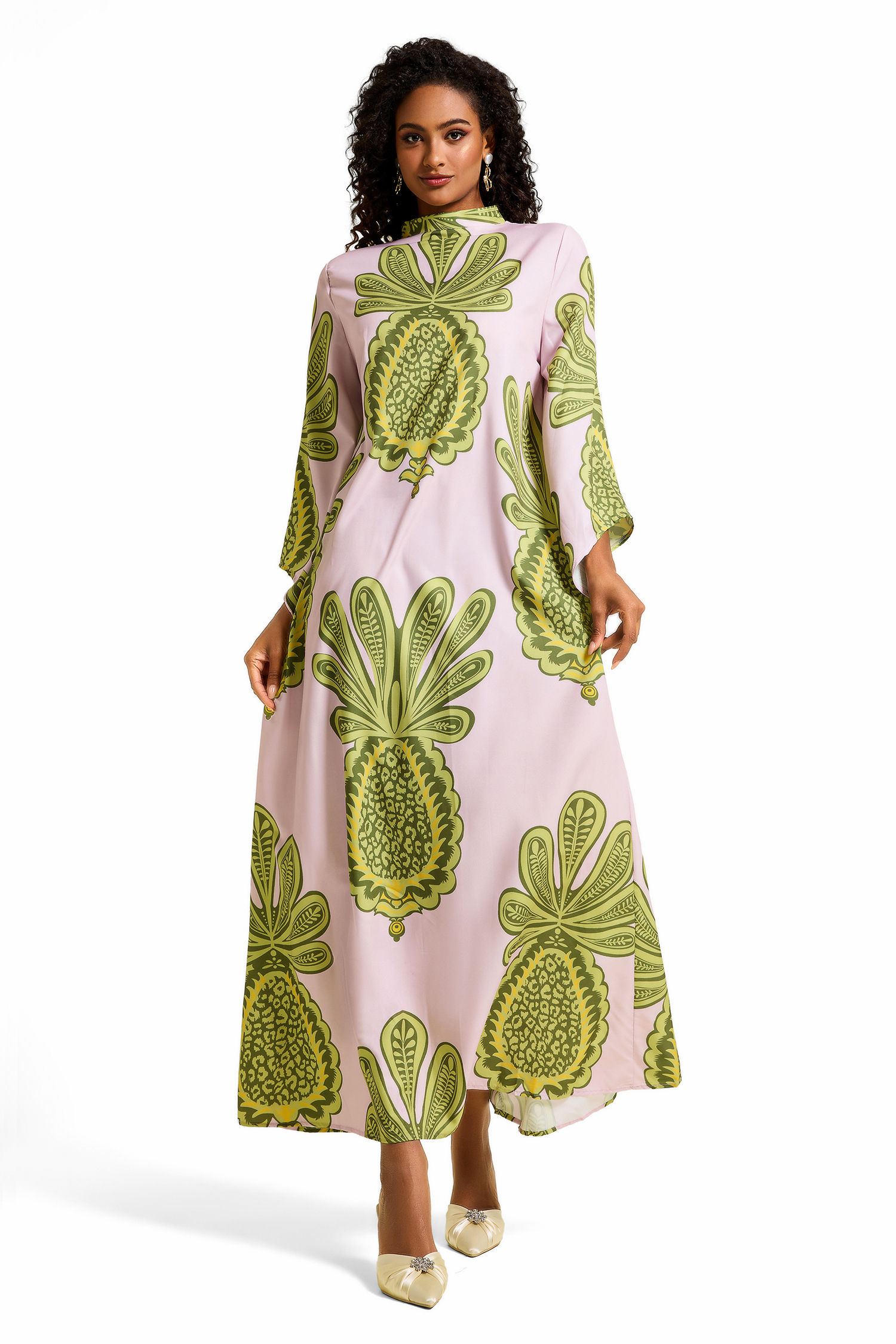 Botanical Print Satin Lace Up Maxi Dress