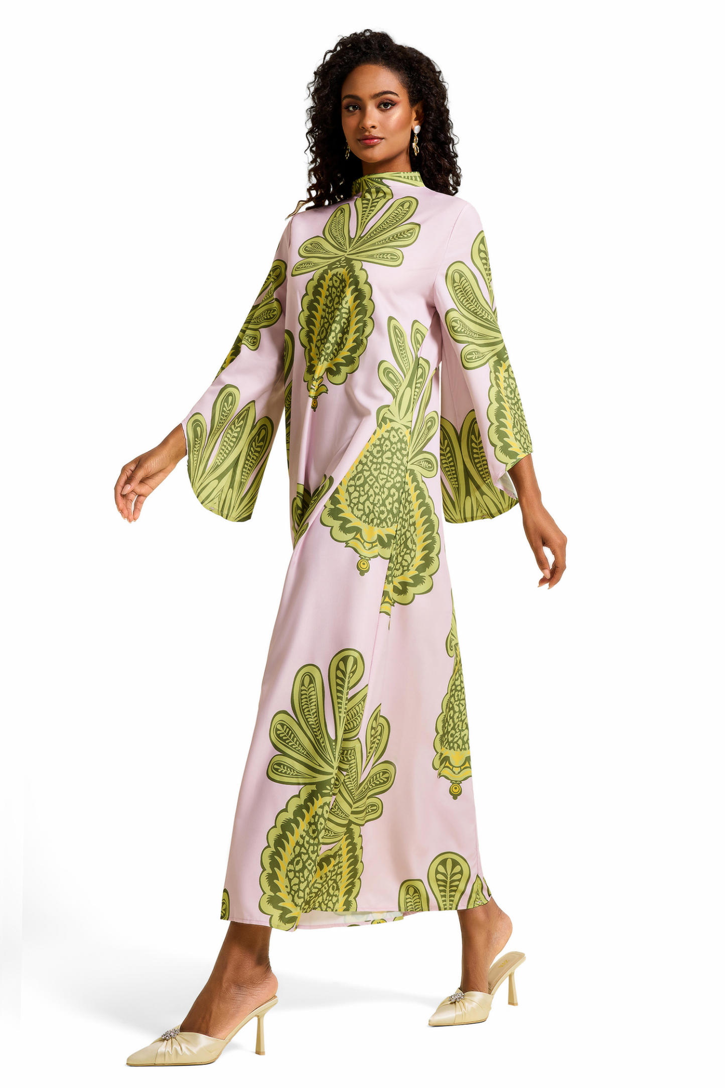 Botanical Print Satin Lace Up Maxi Dress