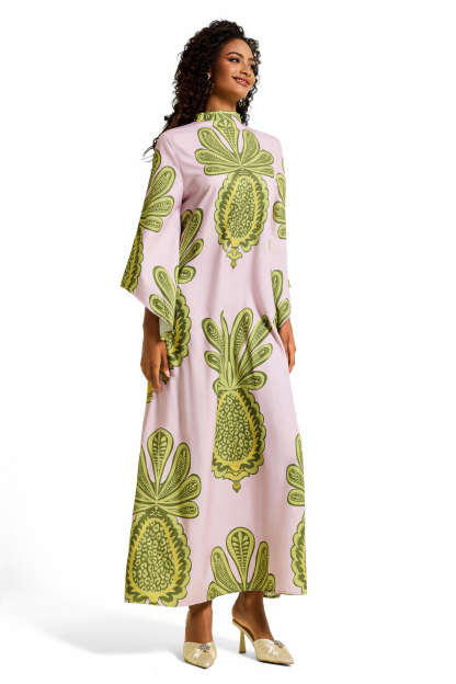Botanical Print Satin Lace Up Maxi Dress