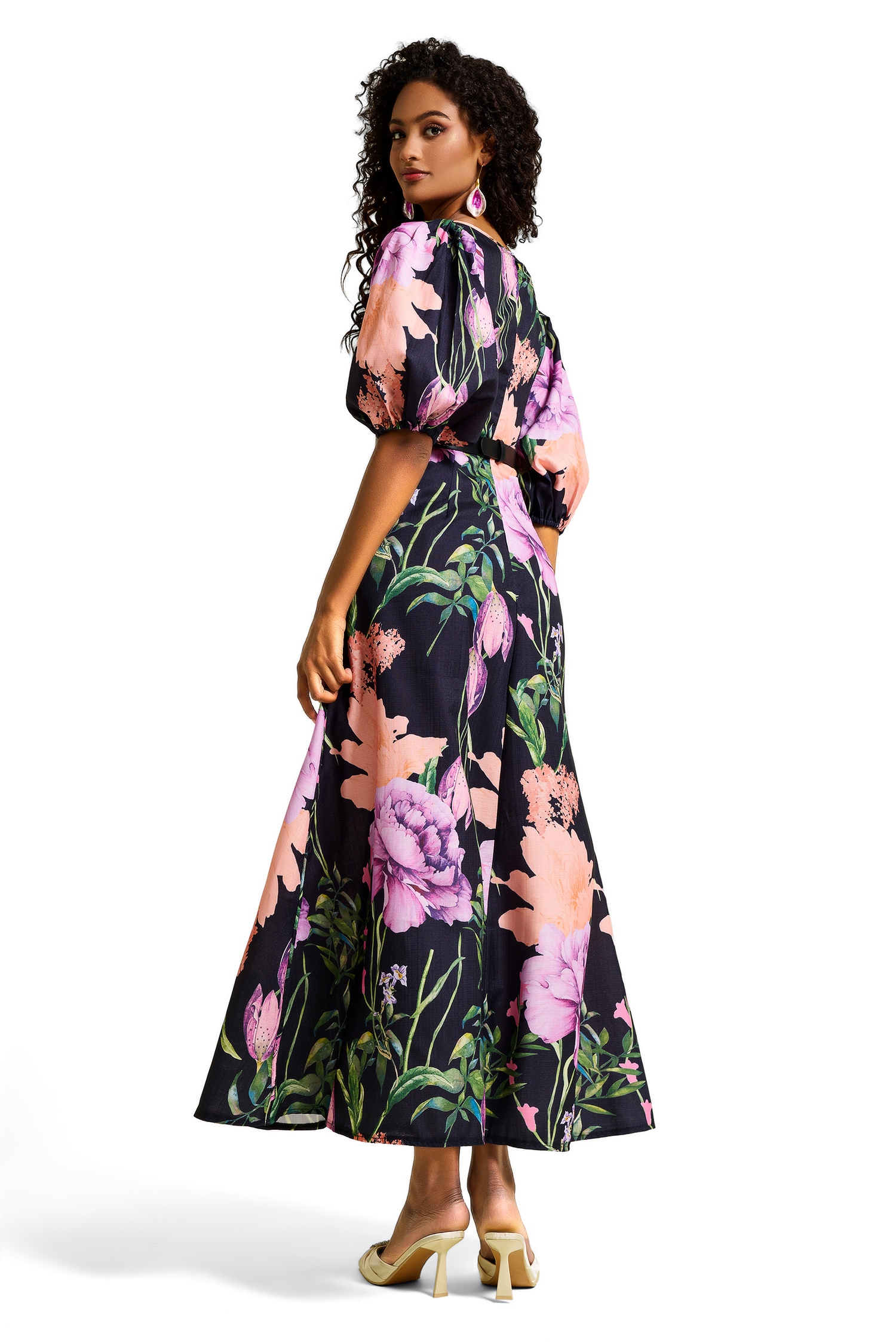 Floral V-Neck Midi Dress With Belt