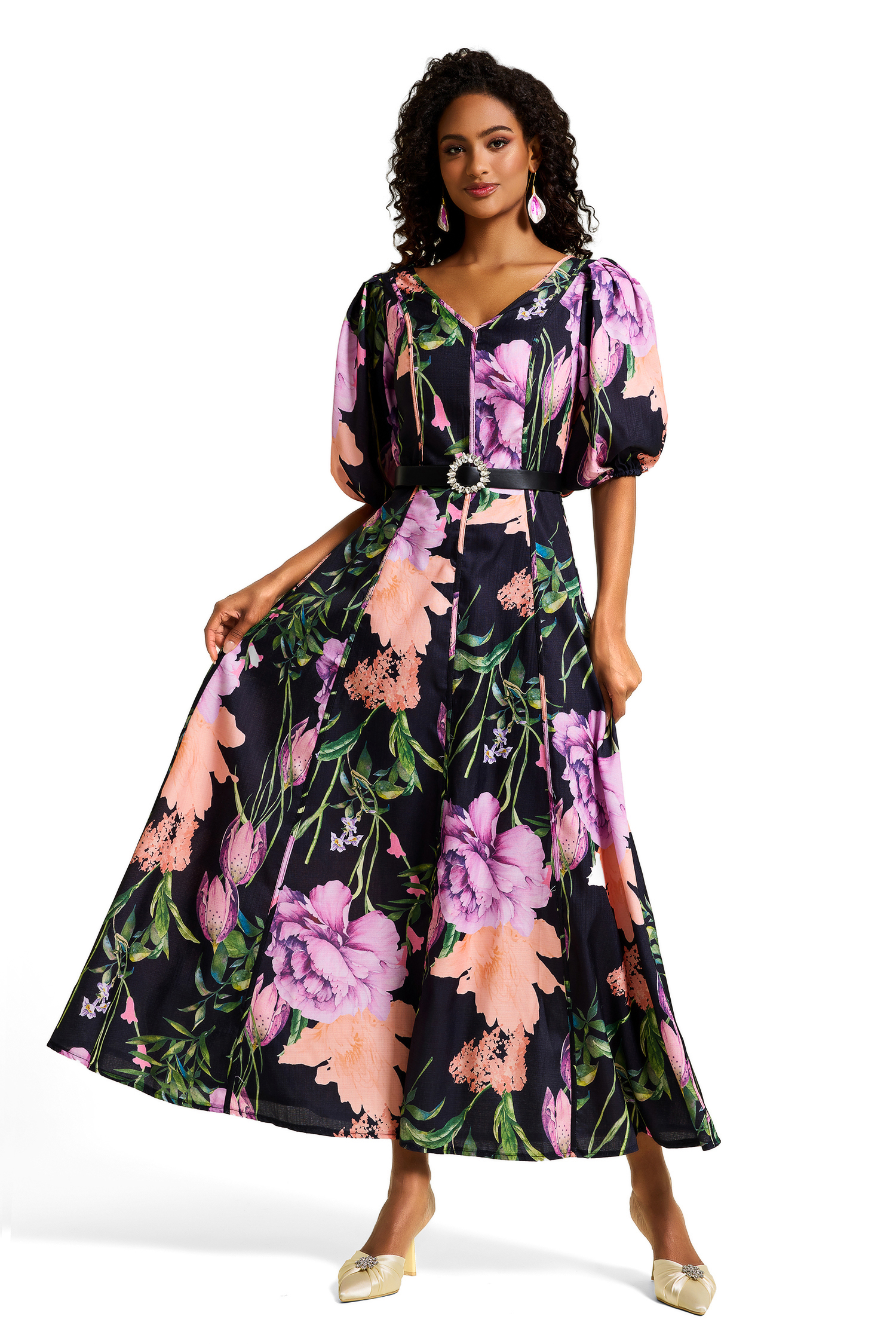 Floral V-Neck Midi Dress With Belt