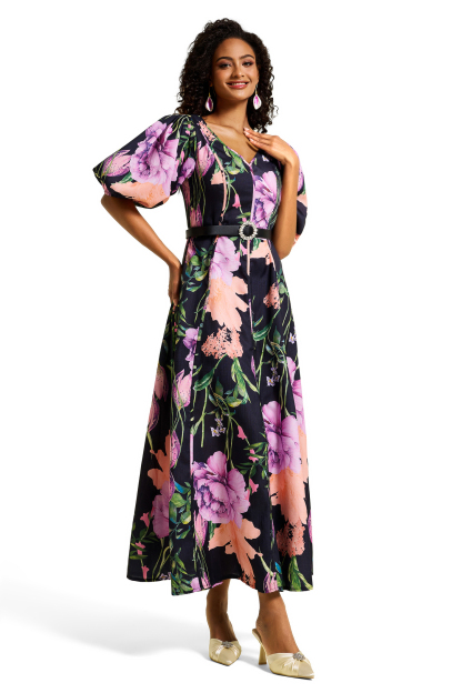 Floral V-Neck Midi Dress With Belt
